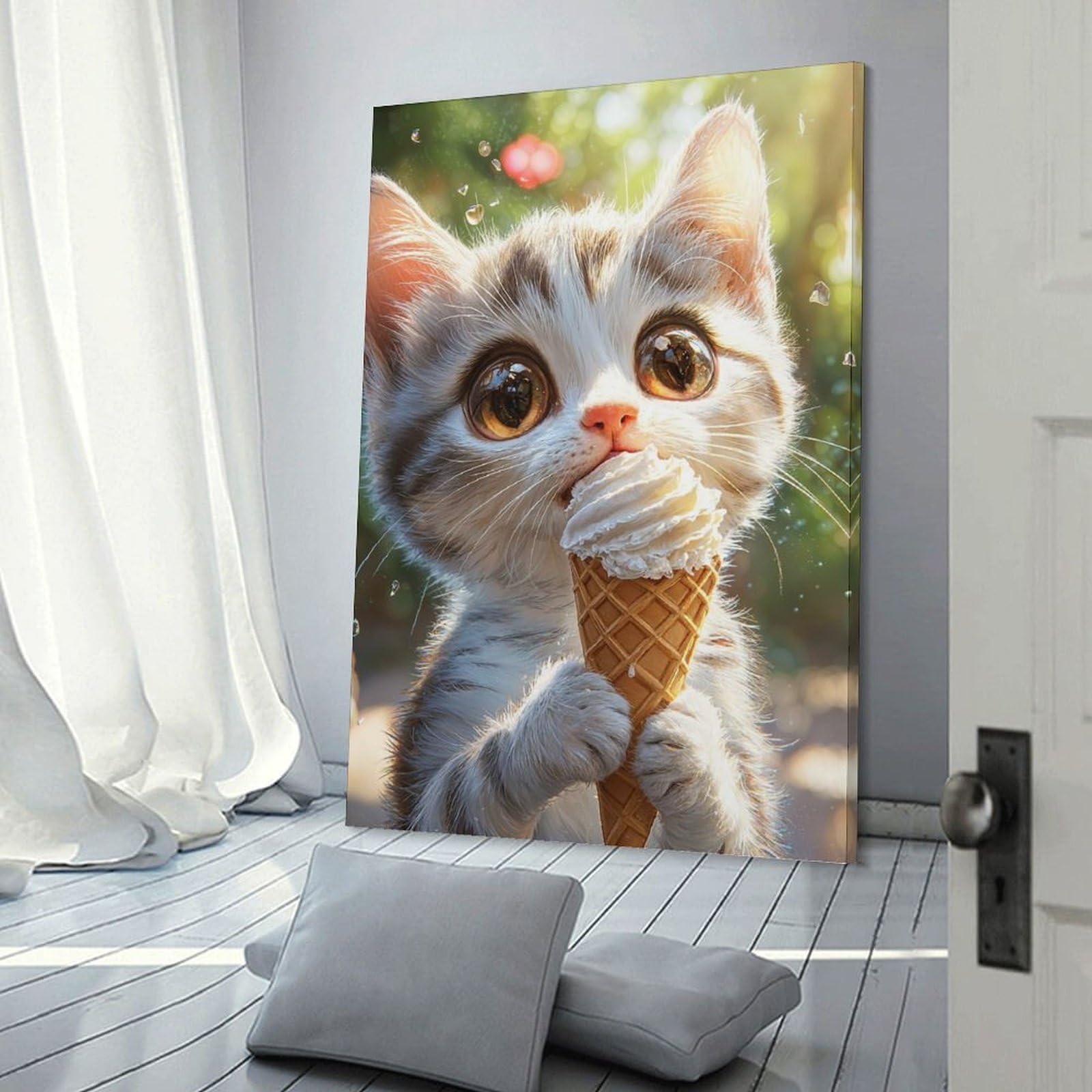 Junmoney Cute Kitten Eating Ice Cream Home Decor Wall Art 20x30inch(50x75cm), for Hallway, Bedroom Or Modern Interiors, Canvas Artwork with Gifting Potential