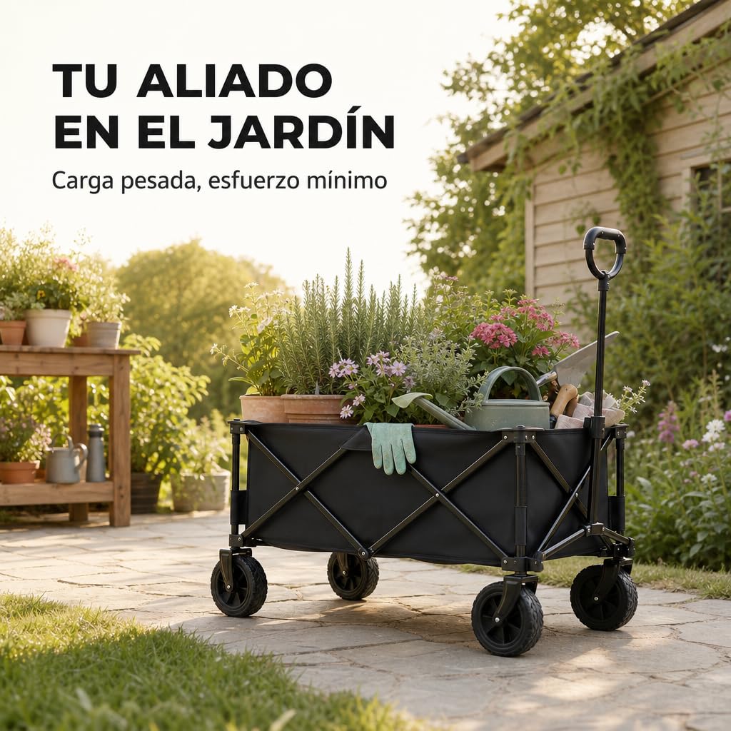 Carrito de Transporte Plegable con Ruedas Todo Terreno – Mango Telescópico Ergonómico, Ruedas Giratorias 360°, Bolsillos Laterales y Tela Extraíble para Playa, Jardín y Compra (150 KG)
