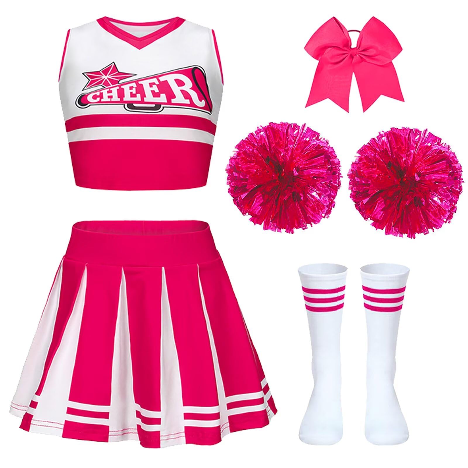 PIXUYE Pompom Carnival Girl Costume Cheerleader Costume with Barrette Bow Cheerleader Stick Cheerleader Pompoms and Socks, Cheerleader Uniform for Halloween Carnival Parties, Pink 110