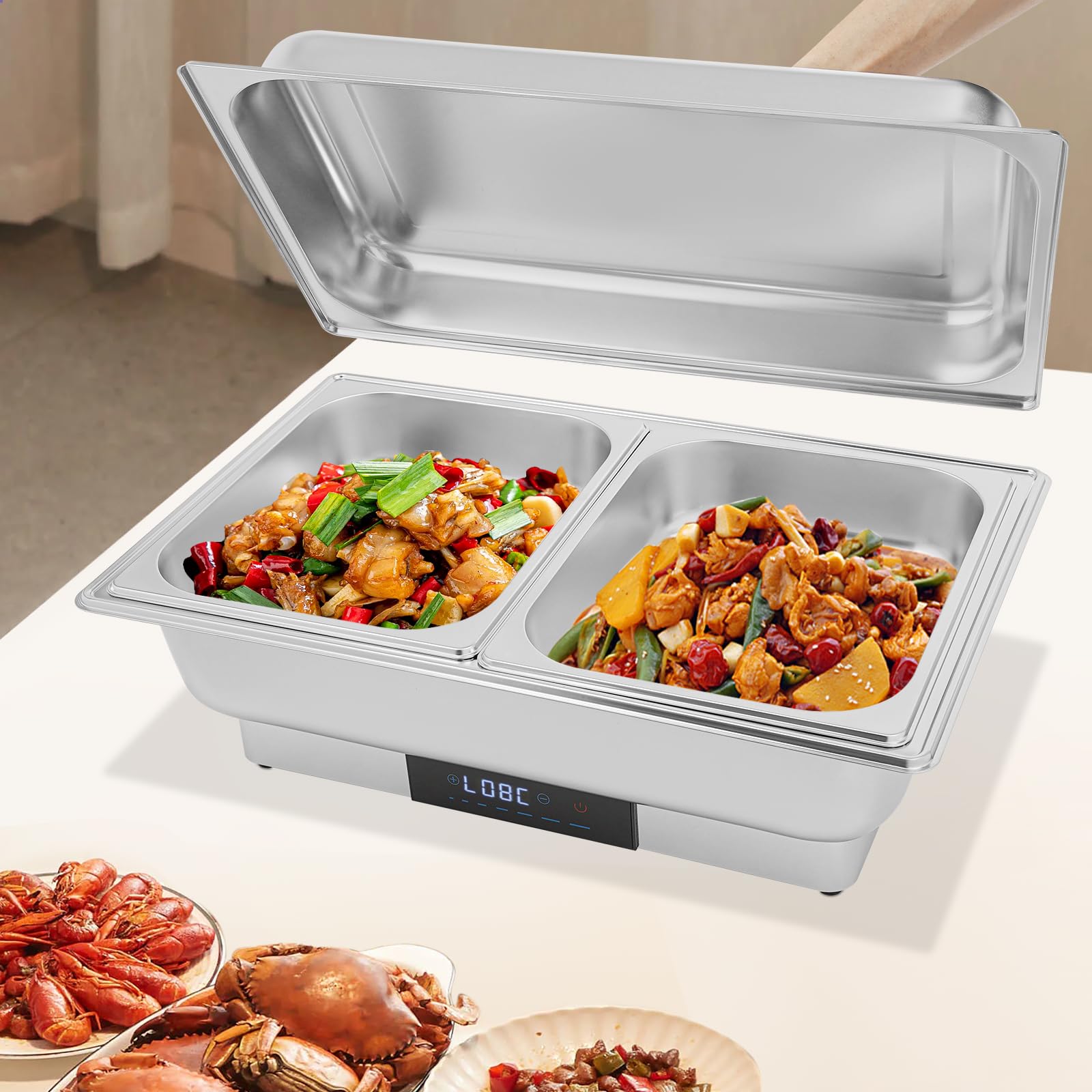 Chafing Dish Buffet Set da 9 l, server a buffet, in acciaio inox, 56 x 26 x 36 cm, con controllo della temperatura, con coperchio portatile (2 scomparti)