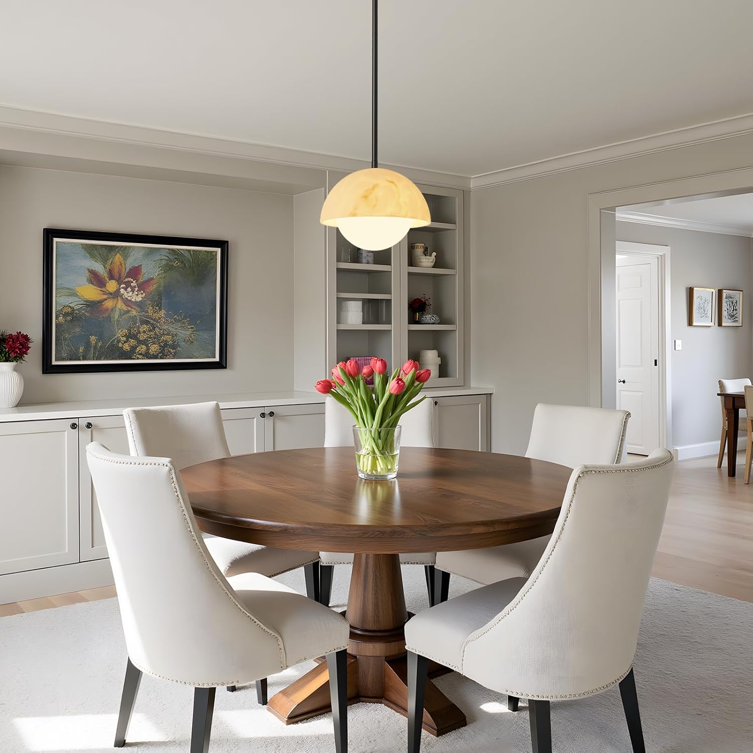 Modern Pendant Light Fixtures: 10 Inch Resin Shade Mid Century Chandelier with Milk Glass Globe - Adjustable Black Pendant Lighting for Kitchen Island