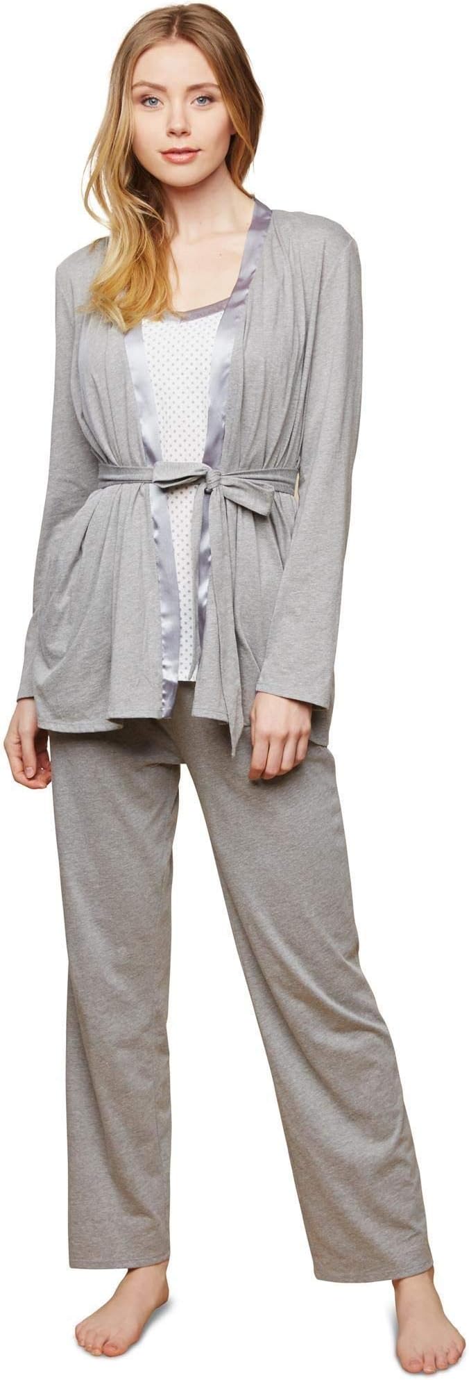 womens Satin Trim 3 Piece Pajama Set with Nursing Function Pajama Set