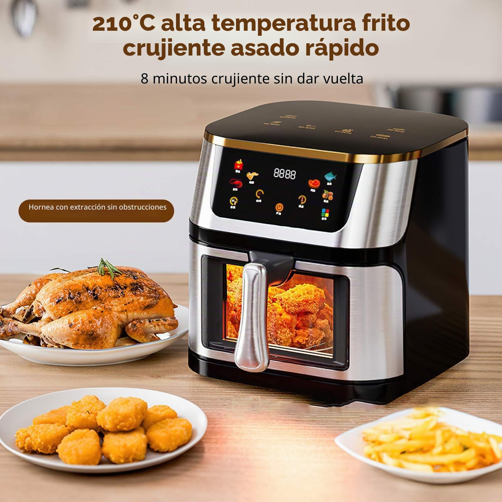 Air Fryer 12L,Freidora de aire con ventana de visualización,Pantalla táctil digital,Menos grasa,Circulación de aire caliente,Menús Preprogramados Saludables,Cocción rápida a alta temperatura de 210℃