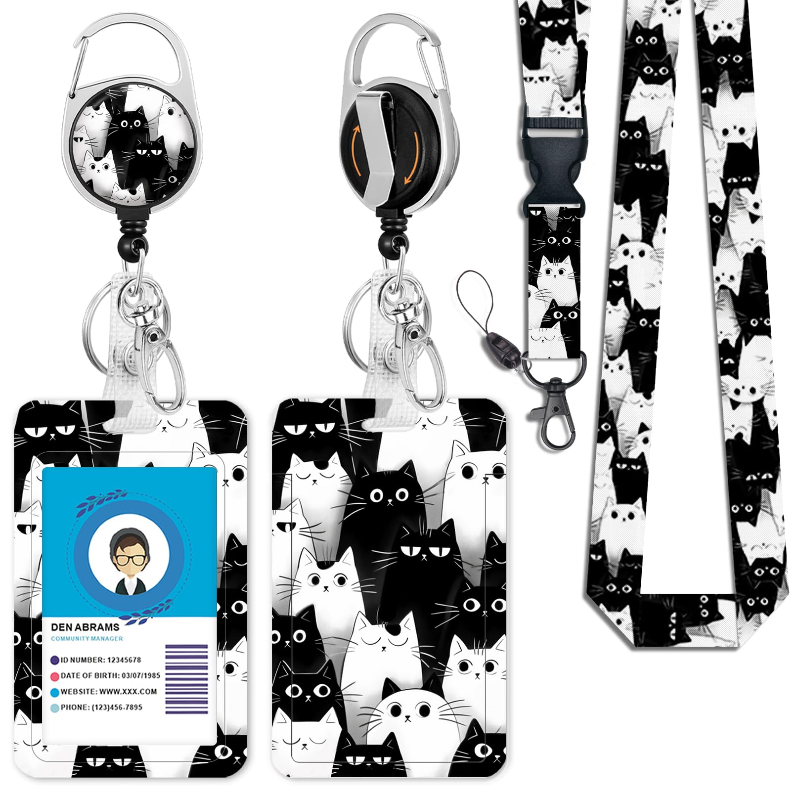 Giancomics Cat Lanyards for Id Badges, Cute ID Badge Holder with Lanyard Badge Reel Retractable, Teacher Lanyard with ID Holder Keychain Clip Name Tag