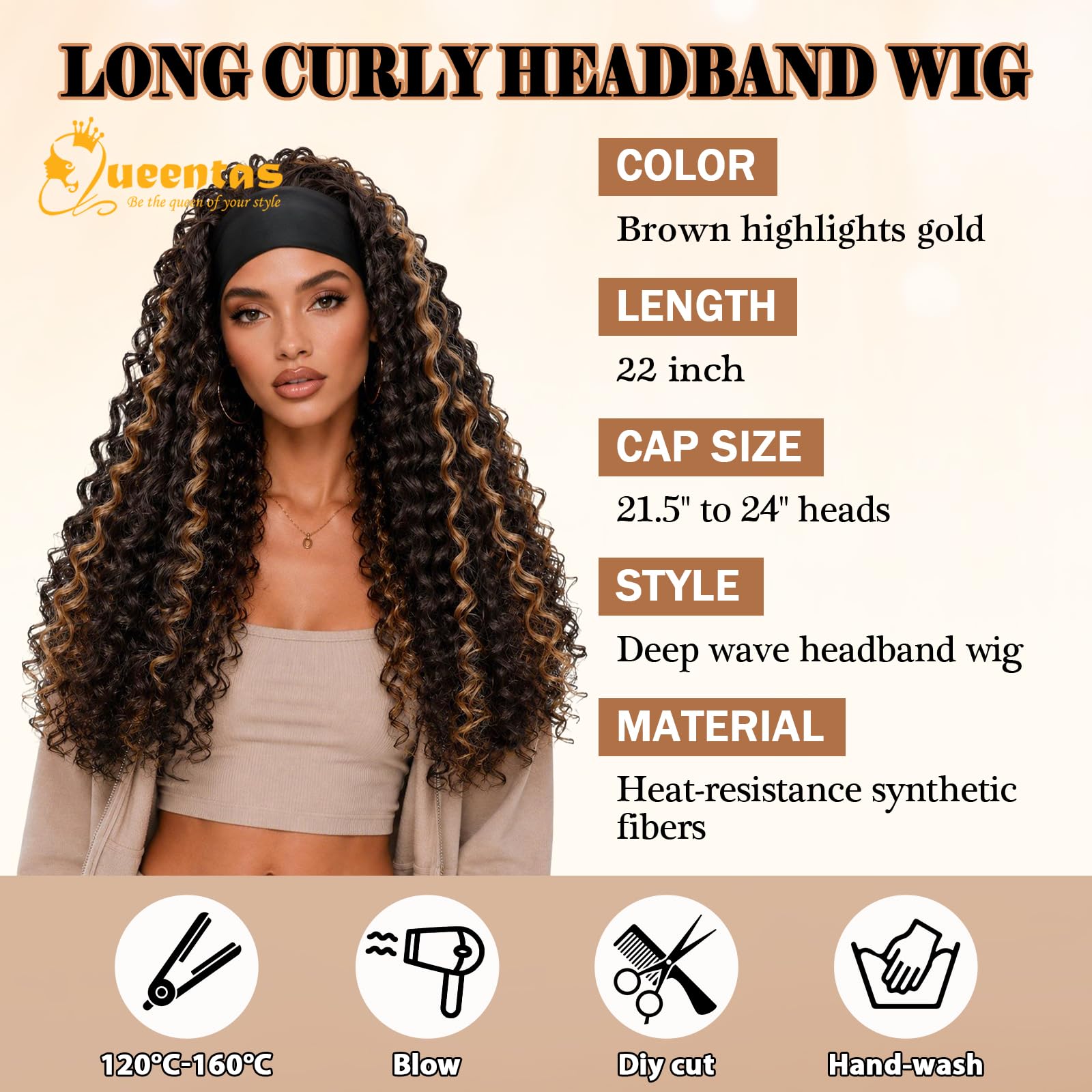 QUEENTAS Highlights długa peruka na czoło dla czarnoskórych kobiet, kręcone, półperuka, 60 cm długości, głębokie fale, syntetyczne peruki (50 cm, brązowe pasemka z blondem)