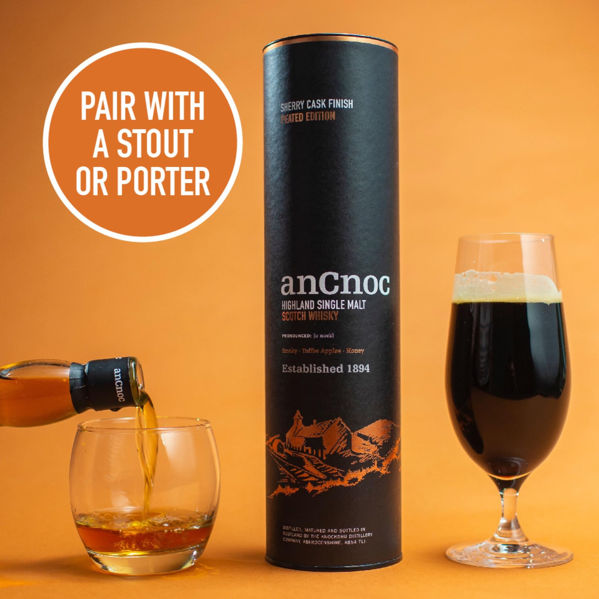 AnCnoc Highland Single Malt Scotch Whisky Sherry Cask Finish Peated Edition 43% Vol. 0,7l in Geschenkbox