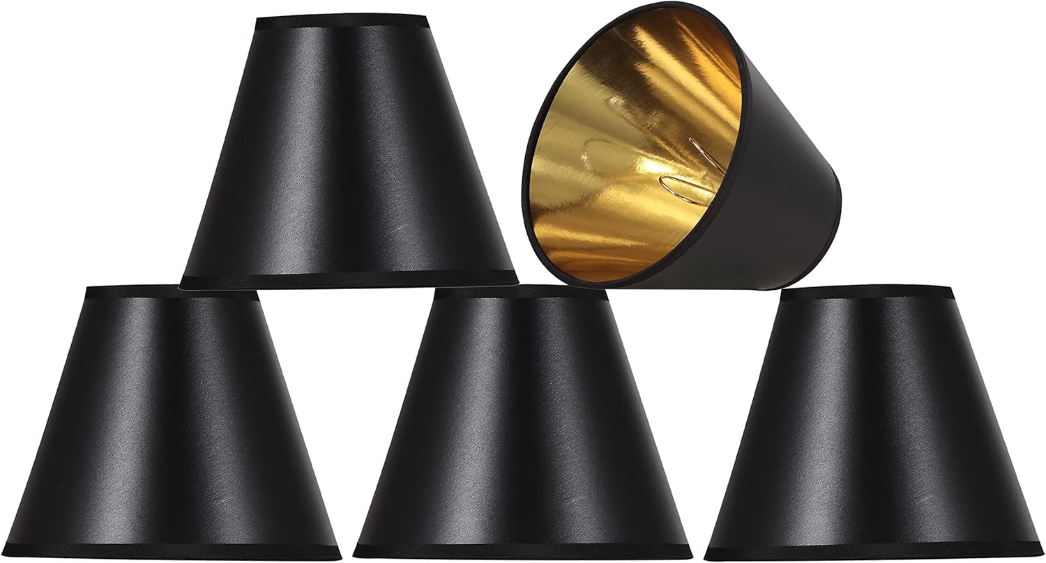 NOT TESTED Aspen Creative 32210-5, Hardback Empire Transitional Clip-On Chandelier Shade, Black w/Gold inside, Washi Paper, 3\" Top x 6\" Bottom x 5\" Slant, Set Of 5
