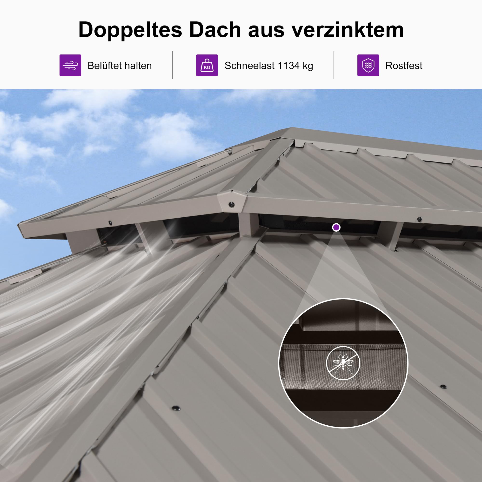 PURPLE LEAF Gartenpavillon 2.4 x 4.25 m mit Stahldach Doppeldach, Pavillon mit Flammhemmende Seitenwänden für Afternoon Tea im Freien im Garten, Champagner
