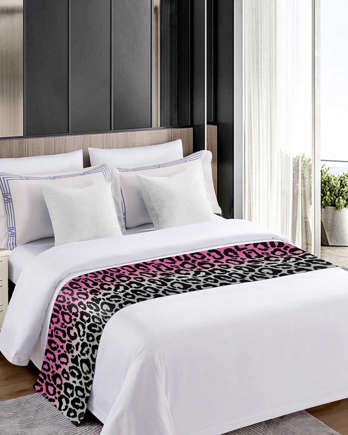 Teamery Bed Runners & Scarves, Gradient Color Leopard Print Bed Runner, Bed Scarf Protector Decorative Accent Bedding Scarf for Hotels Homes and Guestrooms, 102 x 20 inches
