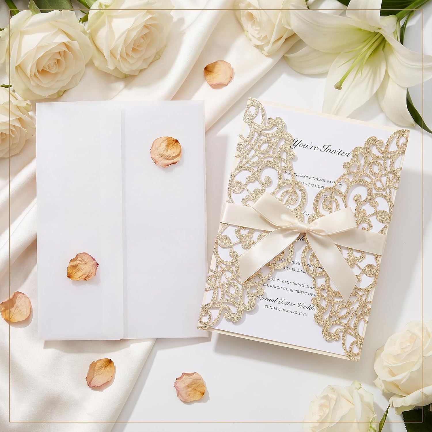 Dunzoom 60 Set 4.9''x7'' Wedding Invitation Cards with Bowknot and Envelope | Gold, Glitter, Laser Cut, 60 Pre-Folded Vellum Paper Jackets, for Quinceanera Bridal Shower Engagement Birthday Party Invite