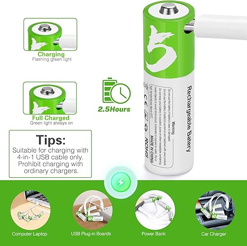 Miniatura 3 de Paquete de 8 baterías recargables AA de litio, 1.5 V 2600 mWh, batería USB doble AA de iones de litio con cable de carga USB-C 4 en 1, 1200 ciclos,