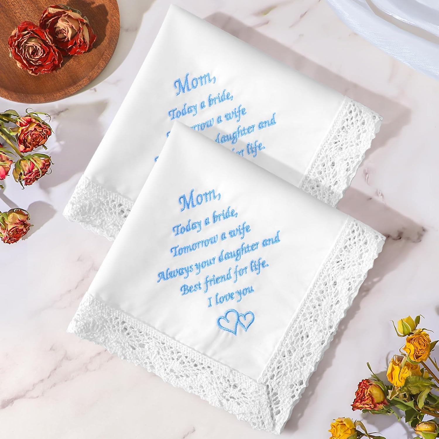 HOULIFE Wedding Handkerchiefs for Bride, Something Blue Wedding Brides Gift Embroidered Handkerchief with Lace Edges - Image 4