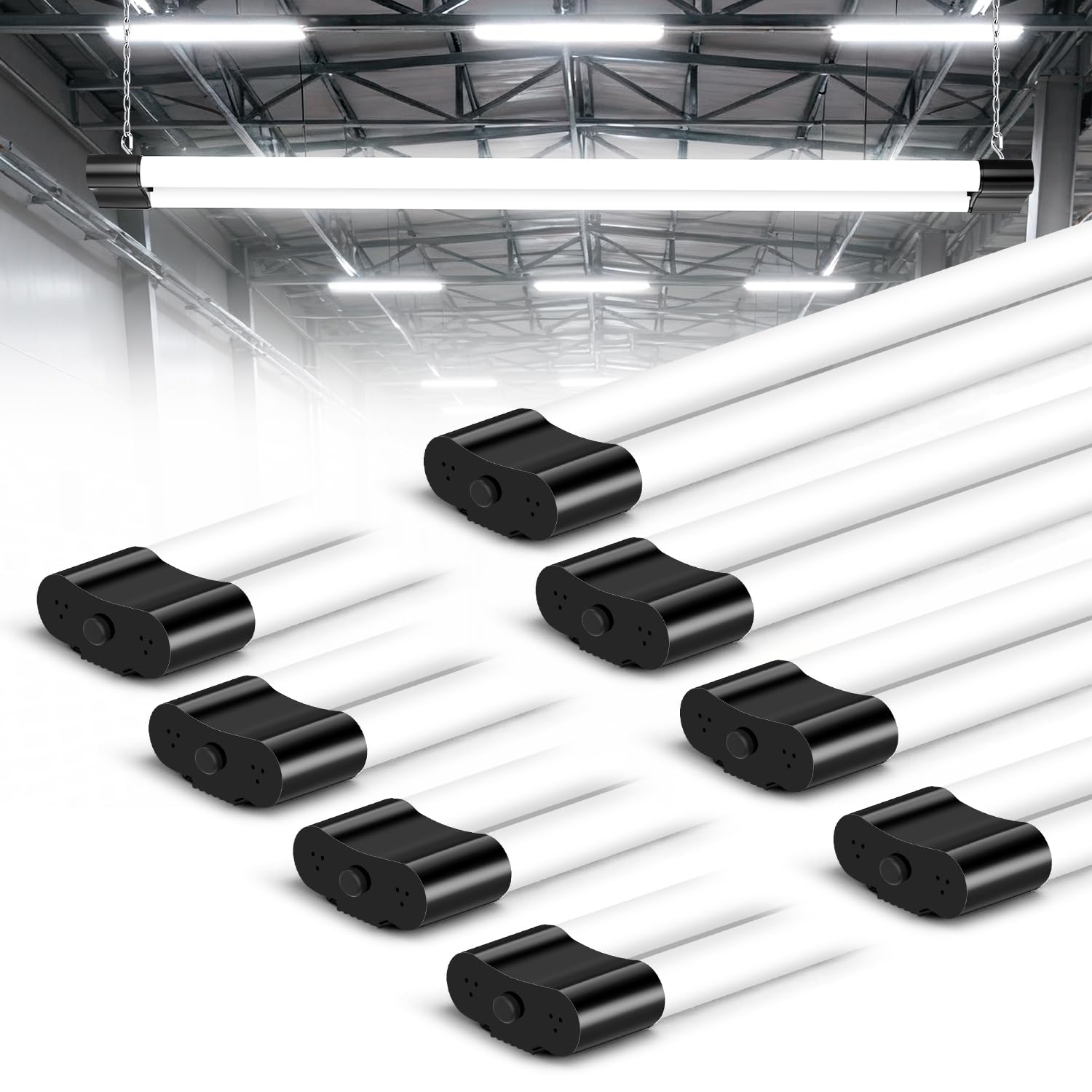 Ankishi 8Pack 4FT Led Batten Light, 40W 6500K Plug in Ceiling Light Led, 5000LM Workshop Lighting for Garage, Office, Bedroom, Living Room,Wall, Kitchen, Shed, Outdoor（Black ）