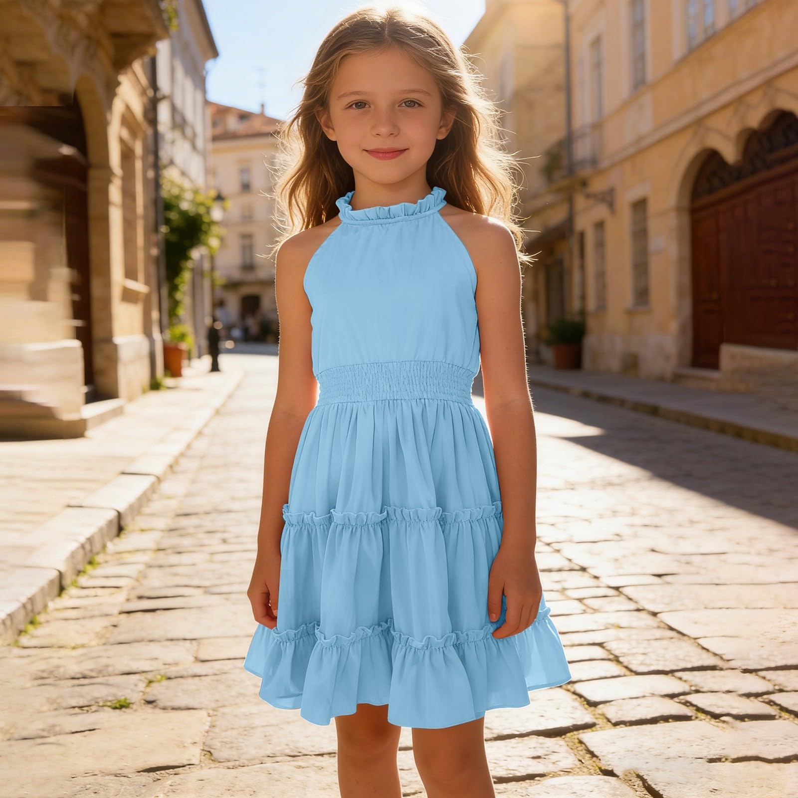 Vestido de verano para niñas, con hombros descubiertos, casual, con vuelo, acampanado, sin mangas, con volantes, vestido festivo
