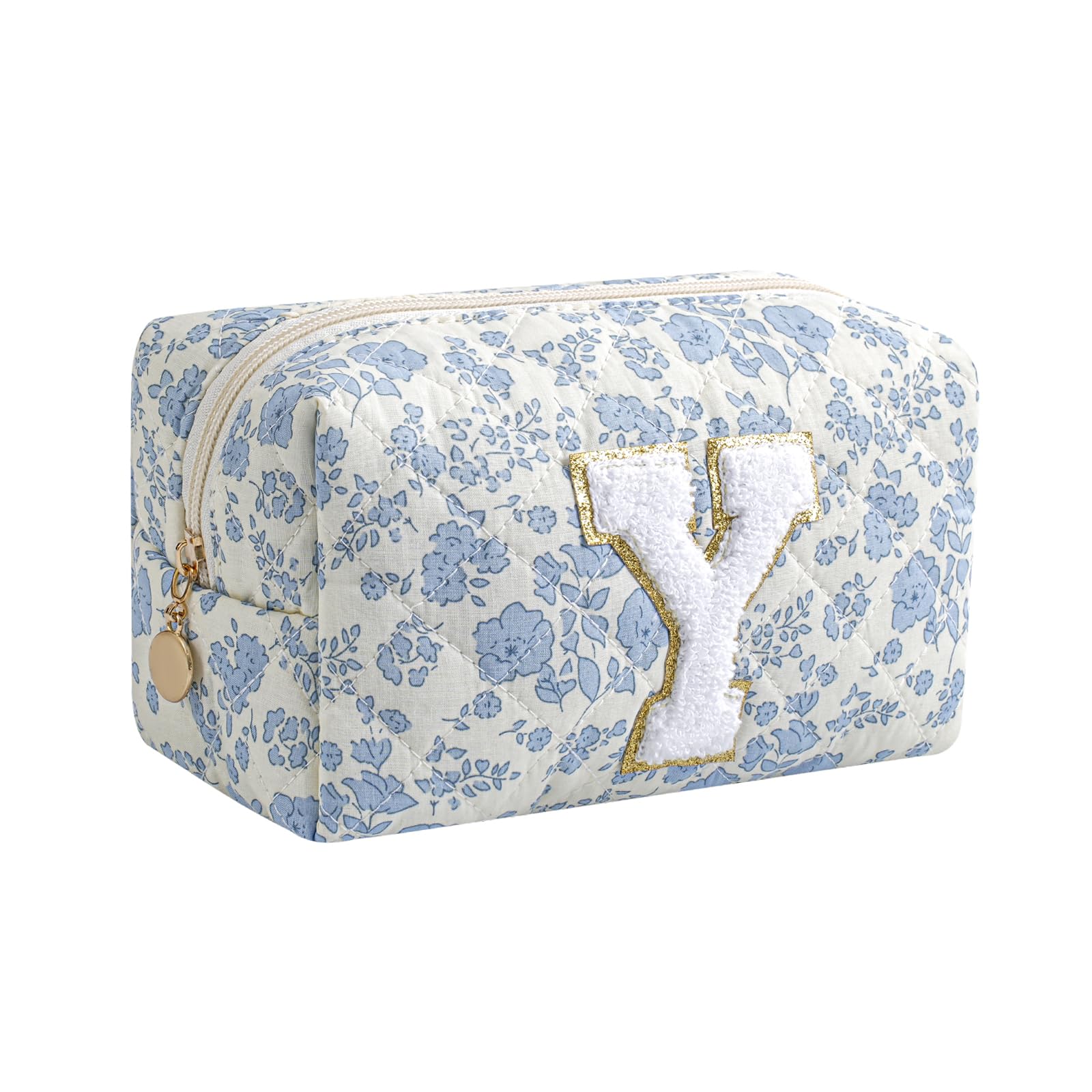 Gleyemor Personalized Initial Makeup Bag for Women, Cute Quilted Blue Floral Cotton Cosmetic Bag, Christmas Gifts for Her Mom Friend Sister Bridesmaid