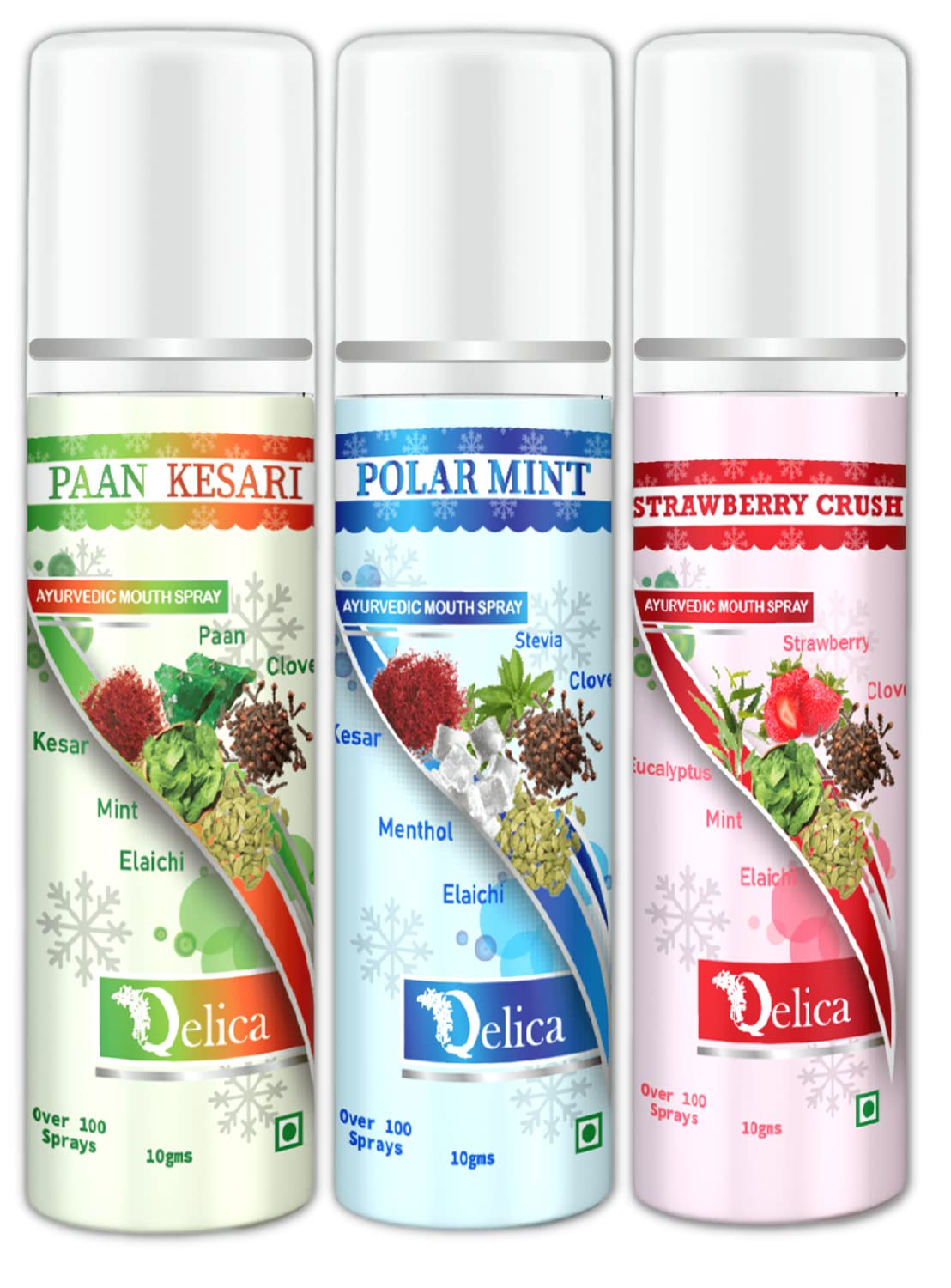 Qelica Ayurvedic Mouth Spray 30 gram (10gm x 3) for Oral Hygiene Fresh Breath 100+ Spray for Men and Women Long Lasting, Pocket Friendly Pure & Natural (Strawberry Crush, Polar Mint, Paan Kesari)-image-36