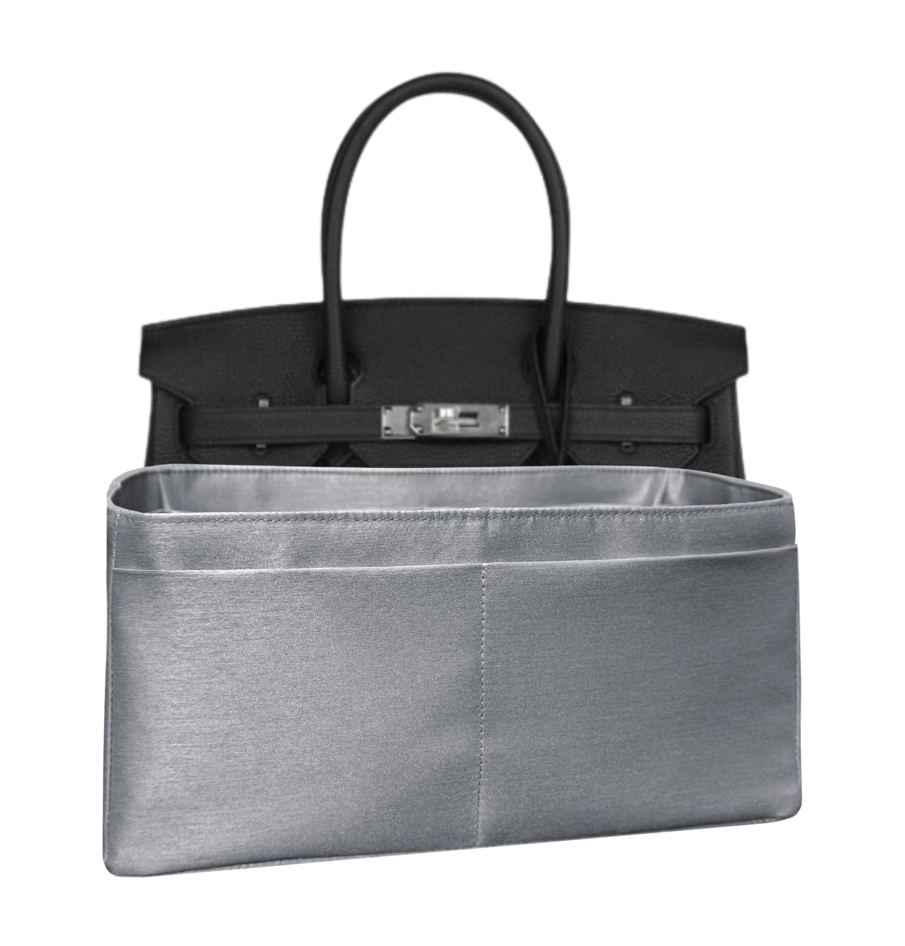 Meenda Purse organizer insert for Birkin 30, Italian Faux Silk Fabric, thin, Lightweight, brilliant sheen, Sturdy, Gift for Women, (Metallic Gray