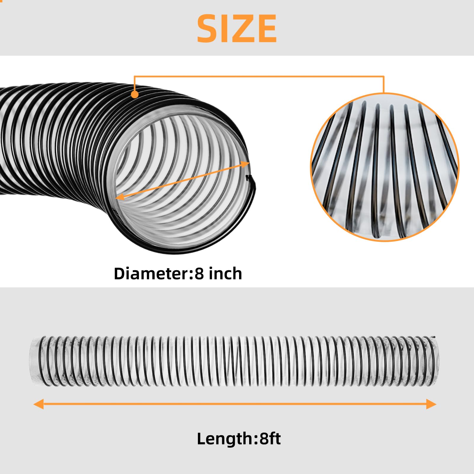 LAJIAOZ Manguera Leaf Vac de 8 pulgadas x 8 pies – Manguera flexible de PVC para césped y colección de hojas, se adapta a la mayoría de aspiradoras de césped (compatible con D·R/A·g·r·i F·a·b/T·r·a·c