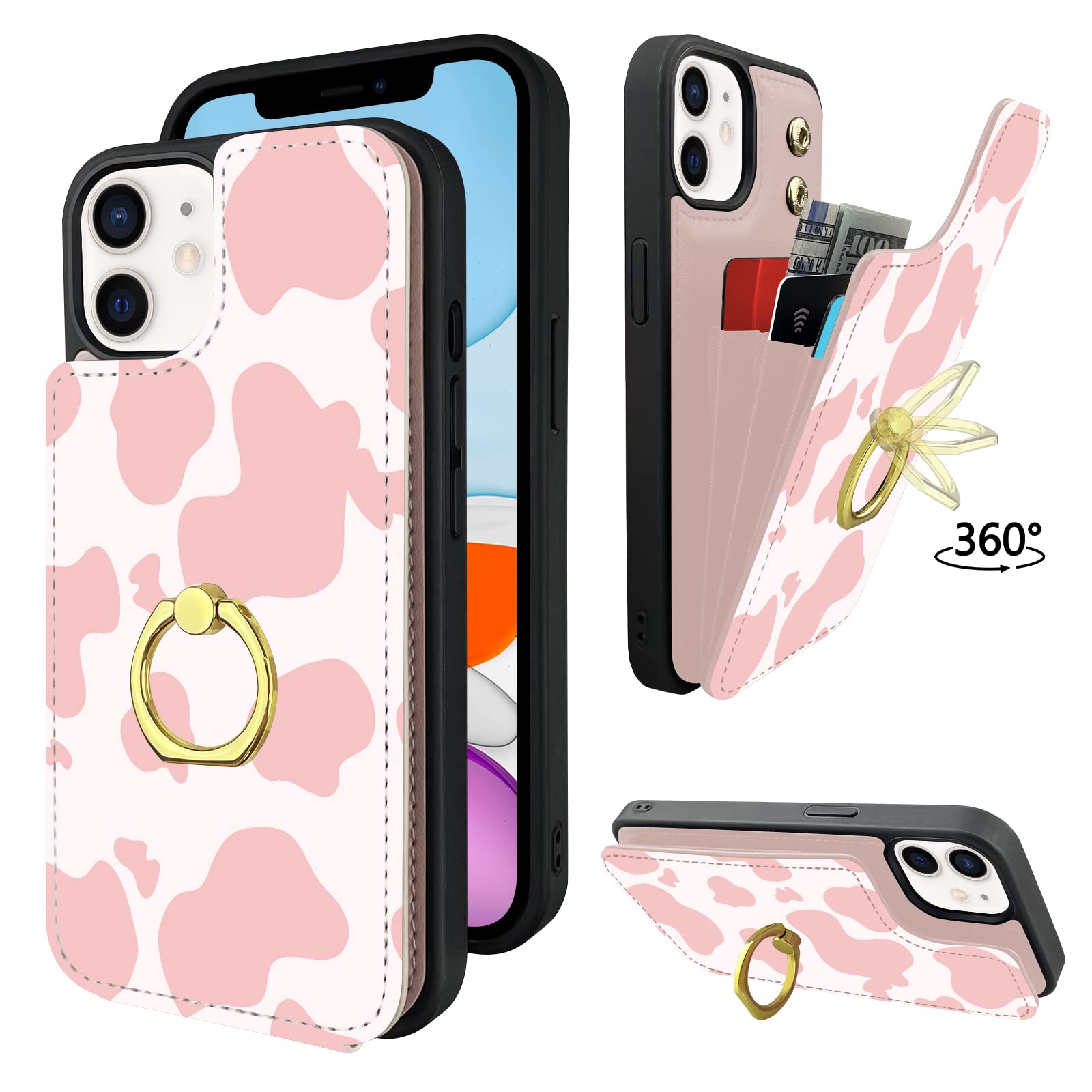 Coque iPhone 11 rotation 360 et protection RFID en cuir synthétique rose