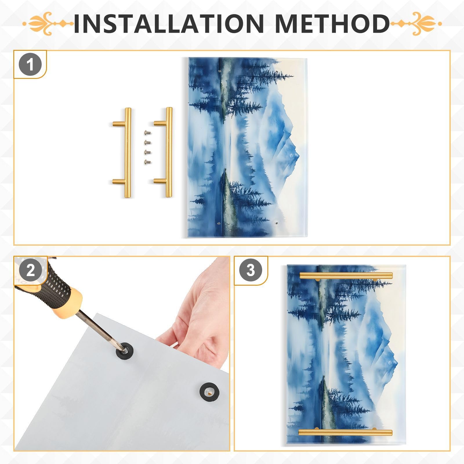 BOESI Watercolor Mountain Landscape Tray, Tray with Handles, Countertop Organizer, Decorative