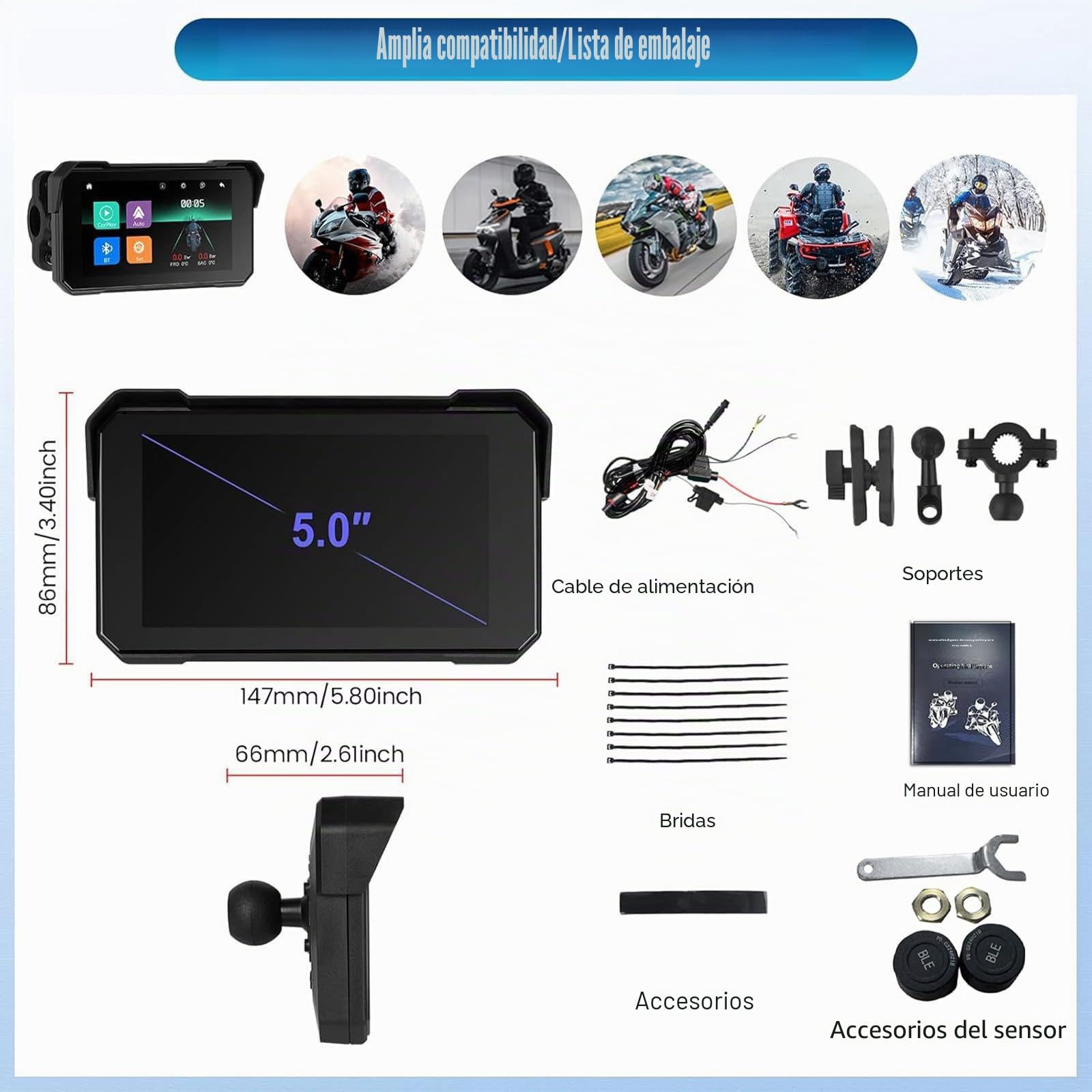 Pantalla GPS CarPlay para moto con reproducción inalámbrica y Android Auto, pantalla táctil portátil impermeable de 5 pulgadas Pantalla GPS CarPlay para motocicleta con soporte Bluetooth + sistema de