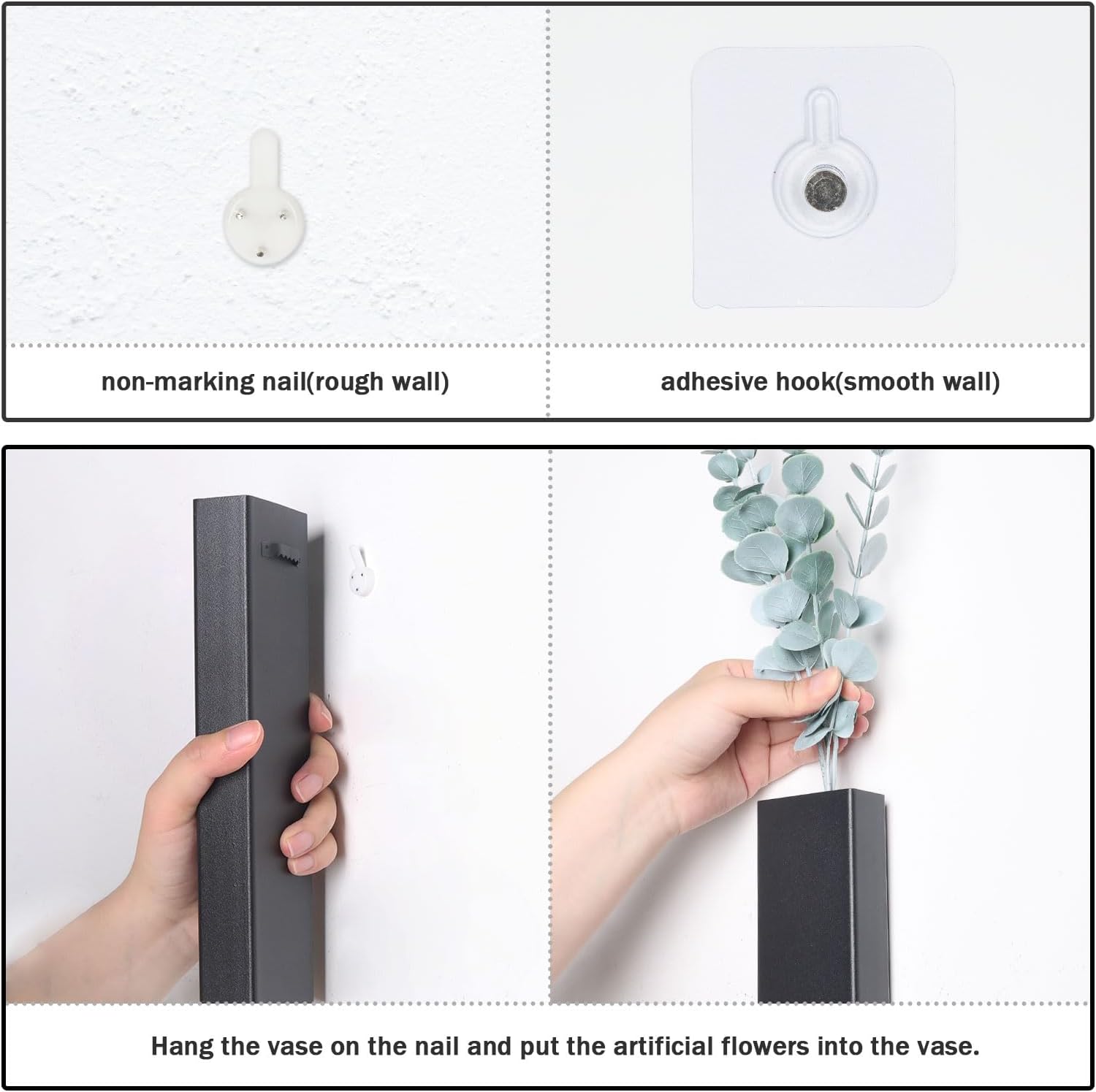 Pretty Jolly Wall Decor Eucalyptus Metal Planter Modern Boho Home Vase,Artificial Flowers Indoor Wall Sculpture for Living Room, Bedroom Greenery Set of 4 Black