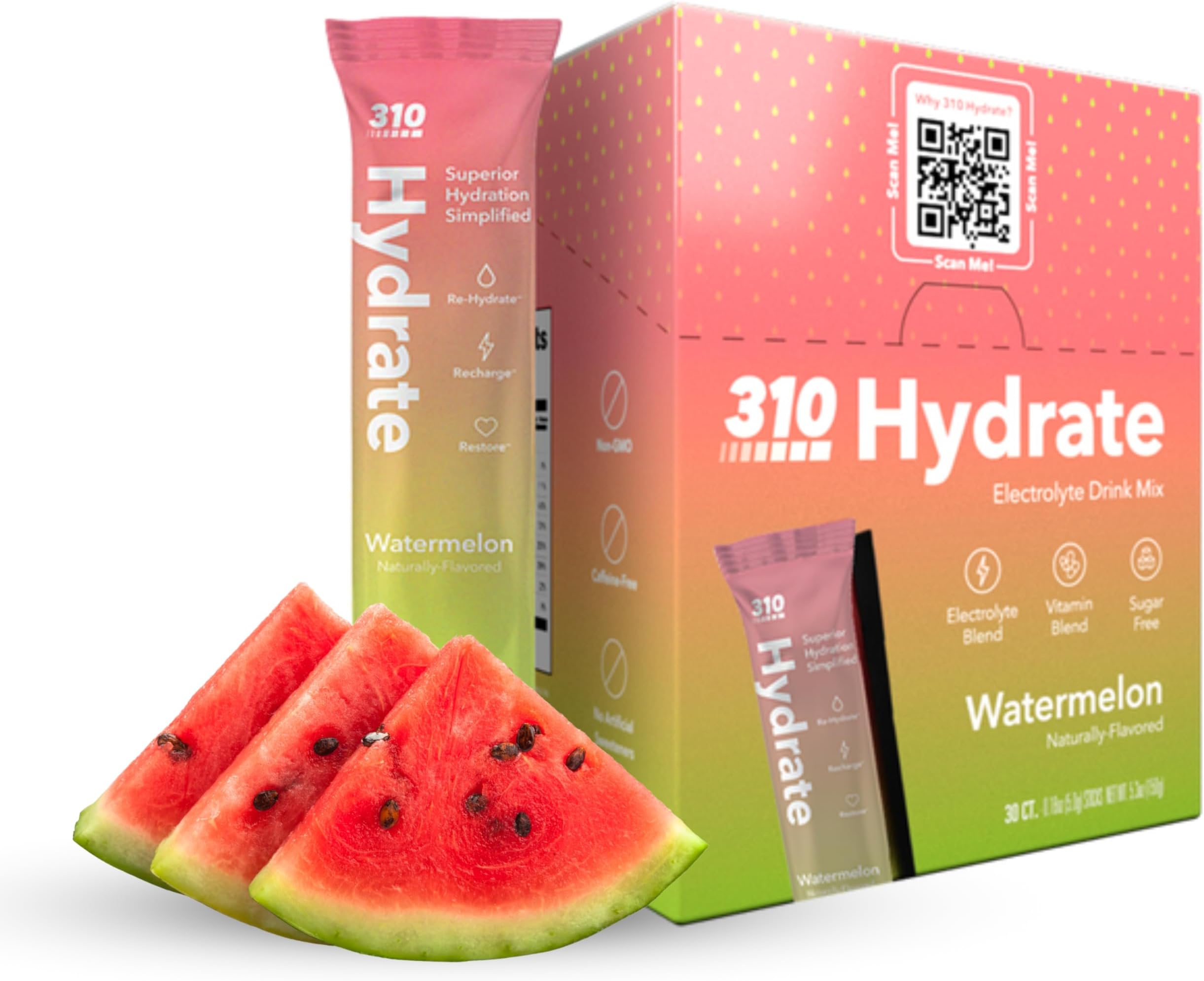 310 Nutrition Sugar Free Electrolytes Powder - Instant Hydration Packets for Daily Fluid Balance - Caffeine-Free Rehydration Drink Mix w/ Vitamins, Low Calorie & Keto Friendly - Watermelon 30 Singles