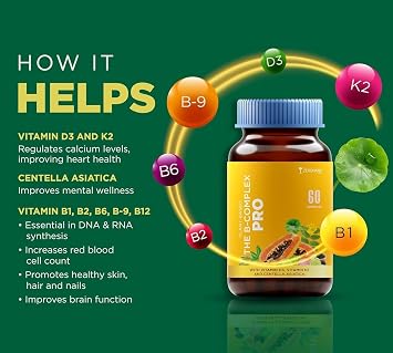 Vitamin B Complex with Vitamin D3, Vitamin K2 & Centella Asiatica with B1, B2, B3, B5, B6, B9 & Vitamin B12 |Improves Hair, Skin & Nails | Improves Heart Health & Regulates Calcium | 60 Caps