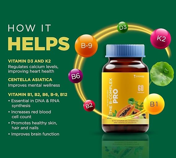 Vitamin B Complex with Vitamin D3, Vitamin K2 & Centella Asiatica with B1, B2, B3, B5, B6, B9 & Vitamin B12 |Improves Hair, Skin & Nails | Improves Heart Health & Regulates Calcium | 60 Caps