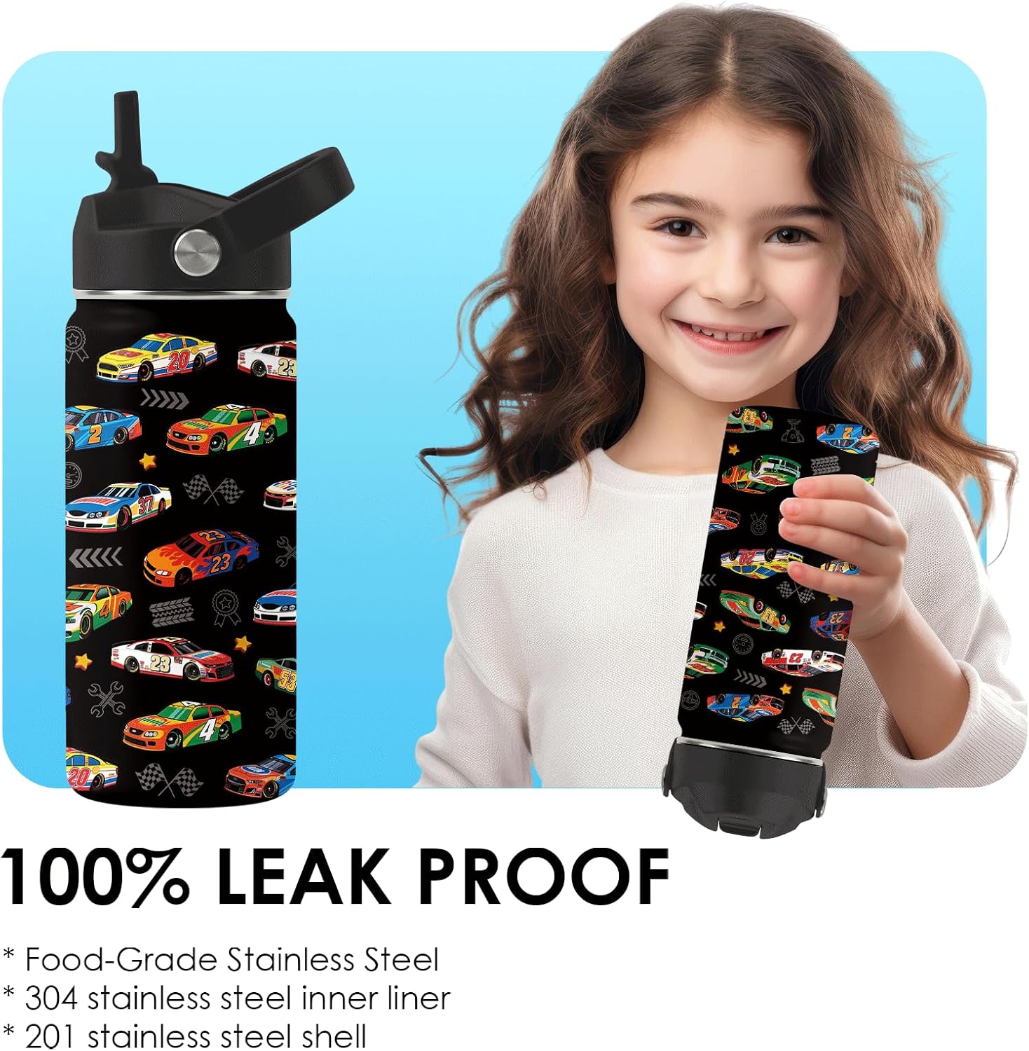 Car Gifts for Boys - 16 oz Water Bottle with Straw Lid, Stainless Steel Insulated Bottle, Leak Proof, BPA-Free, Racing Car Sport Water Bottles for School, Travel, Cars Children Birthday Gift Cup(1pc)