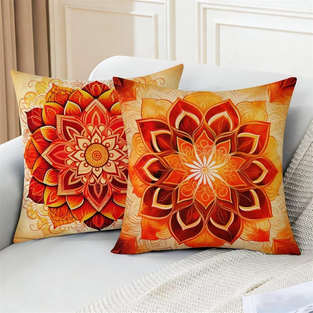 Federe Cuscini da Esterno Impermeabili 65x65 Arancione Copri Cuscini per Divano Mandala Federa Cuscino Boho Decorativi Copricuscini per Divano Giardino Patio Soggiorno Copricuscino Set di 2 (IU301)