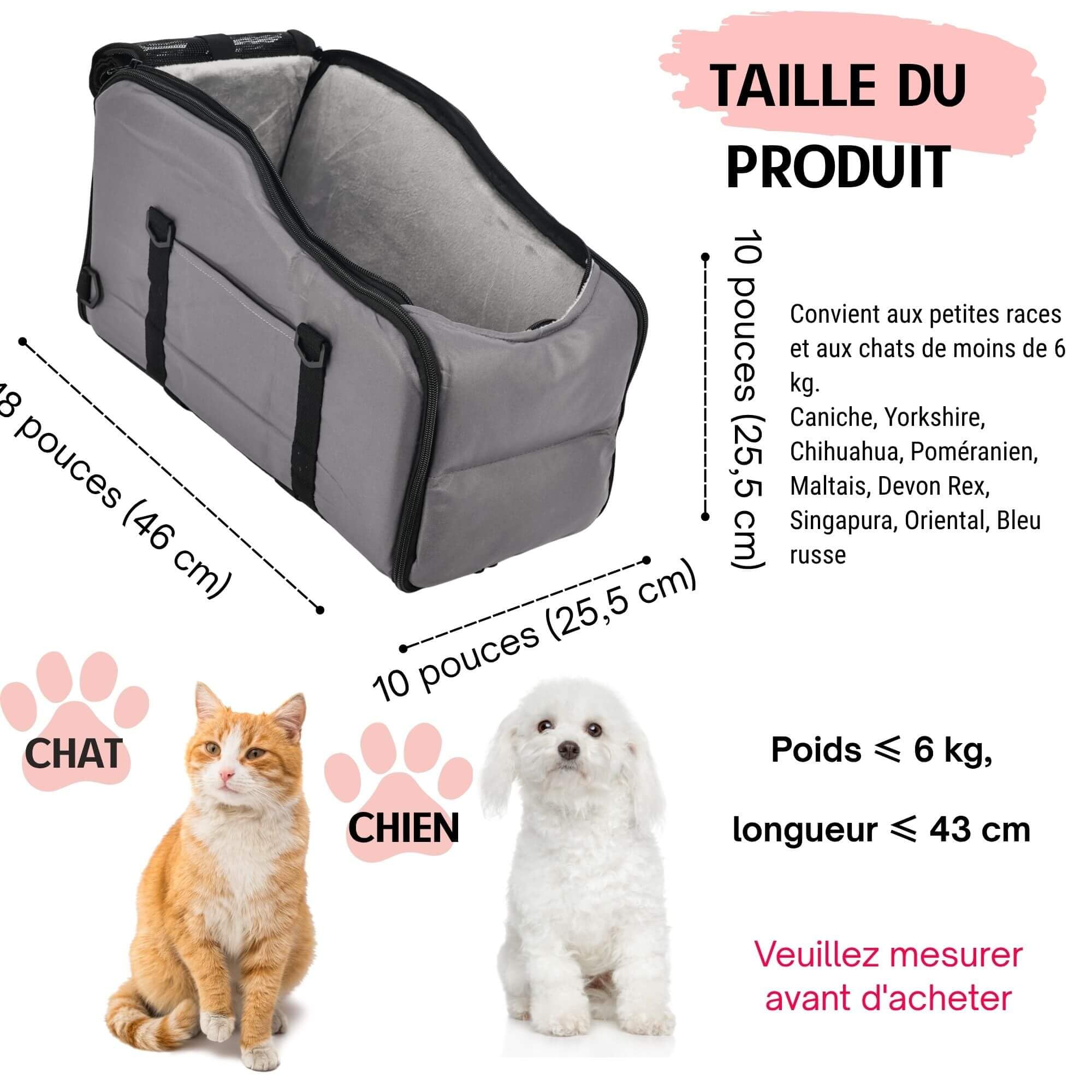 Solday Siège Auto Chat Chien Voiture 3-en-1, Panier Petit avec Laisse Sécurité & Sangles Réglables, Sac Transport Console Centrale Pliable pour Petits Chiens Chats ≤6KG, Gris