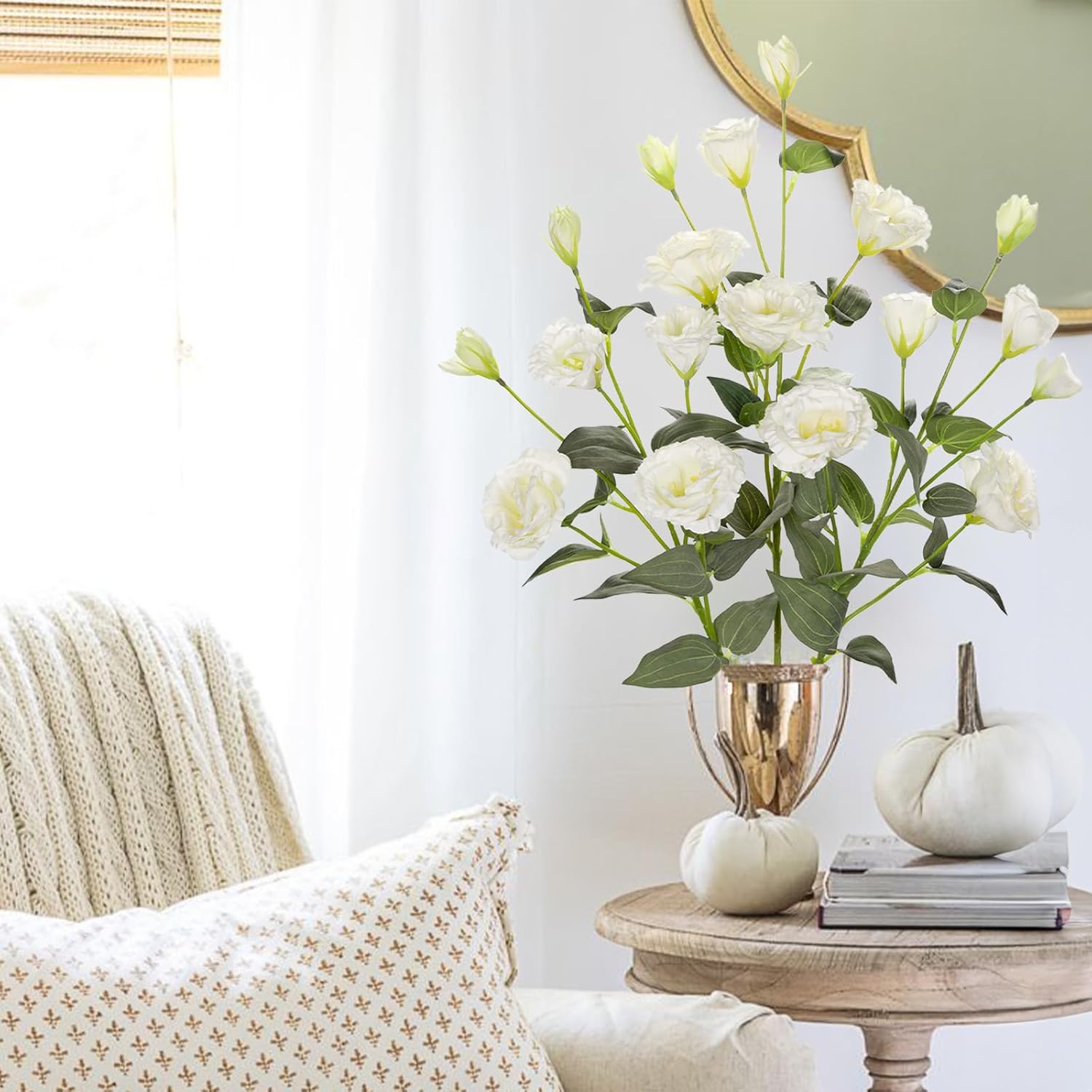 34.5" White Artificial Flowers Silk Fake Flower 3Pcs Eustoma Lisianthus Flowers with Long Stem Faux Flowers Arrangement Branch with 4 Heads for DIY Wedding Party Centerpiece Bouquet Table Home Decor - Image 3