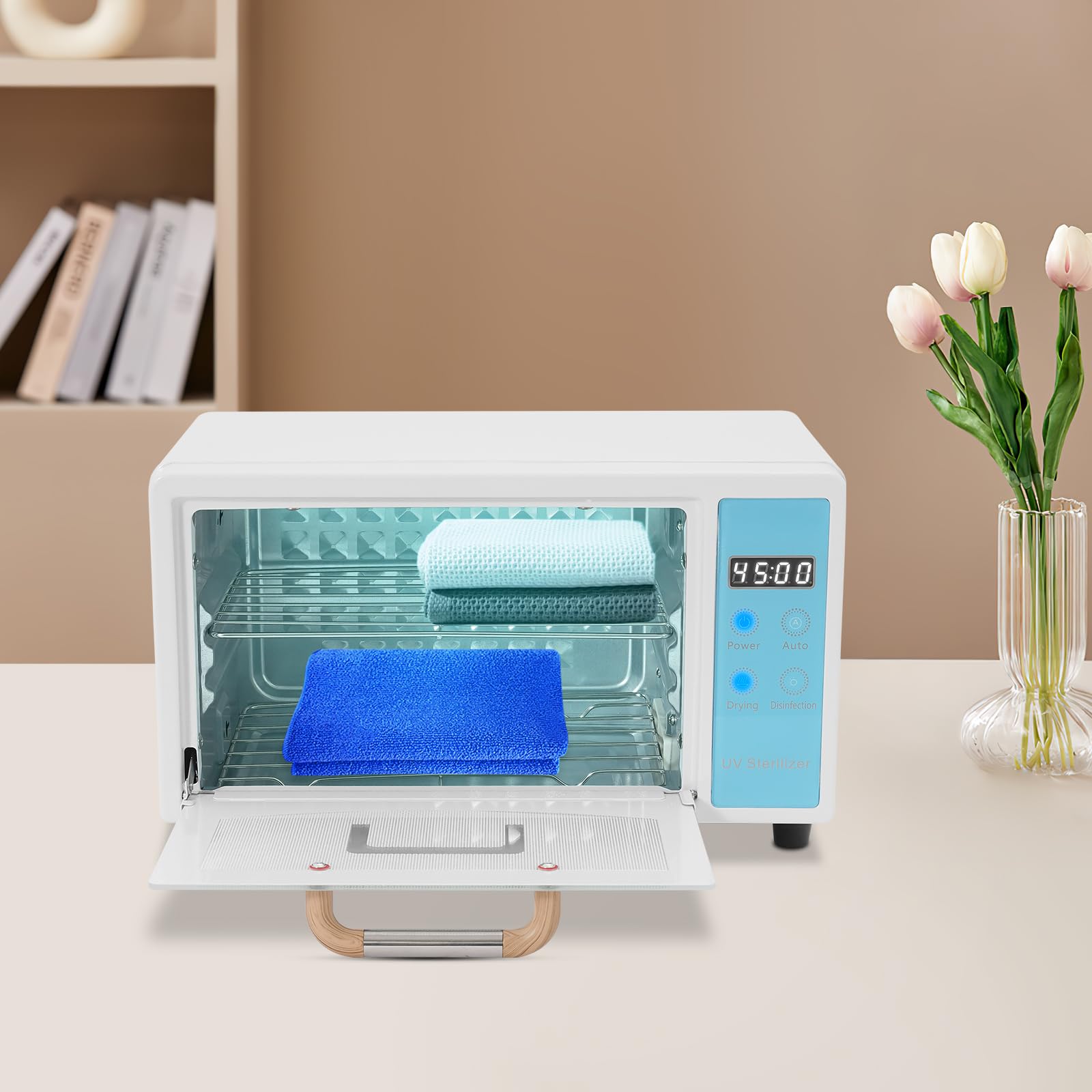 Armadio disinfettante UV, sterilizzatore per utensili per unghie, 75 °C, sterilizzatore con timer, sterilizzatore per manicure per uso domestico, parrucchieri e spa (bianco + blu)