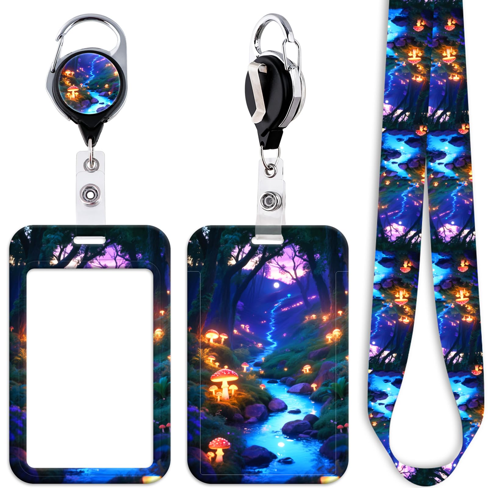 Cool Firefly Forest Badge Reel with ID Card Holder Lanyard Mushroom Heavy Duty Retractable ID Badge Holder Reel Clip Cute Kids Lanyard ID Holder for Keys Name Tag, for Nurses Staff & School ID — image 1