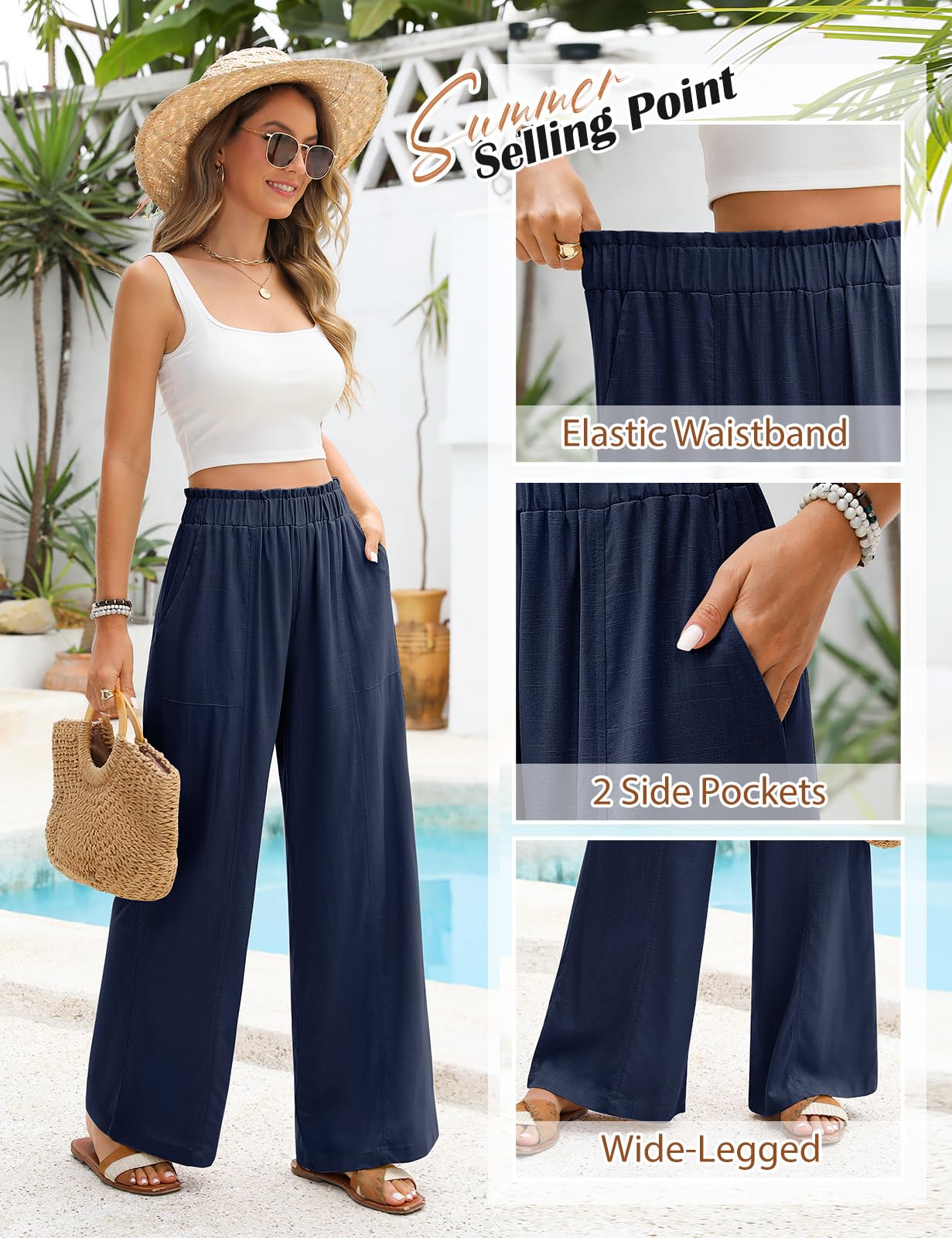 Niwicee Pantaloni Lino Donna Estivi Pantaloni Larghi Eleganti Pantaloni Vita Alta Elastico Pantaloni Leggeri Estivi Casual Solido Sciolto Gamba Dritta Pantaloni con Tasche