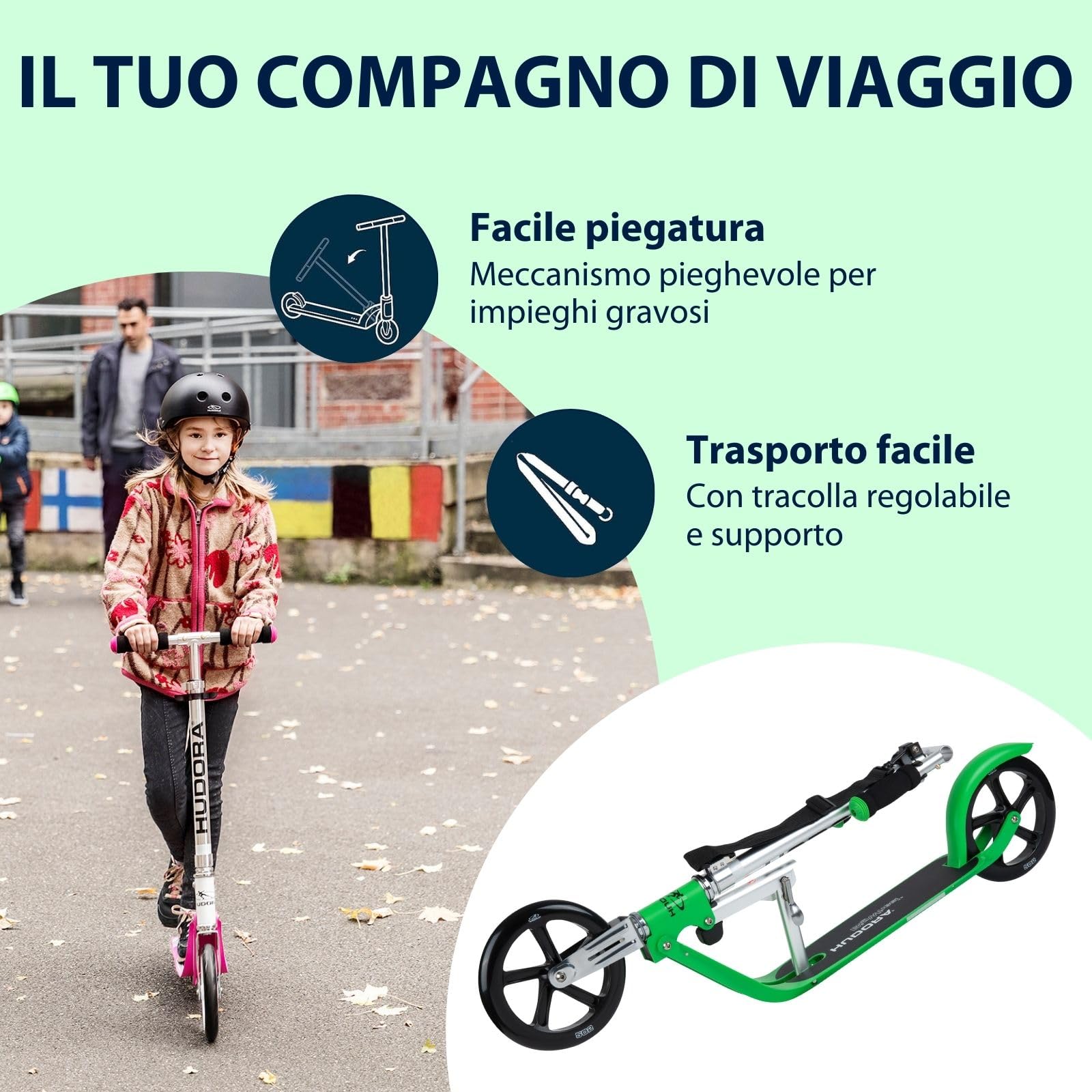 HUDORA BigWheel Scooter 205 I Robusto monopattino in alluminio I Monopattino da città regolabile in altezza e pieghevole I Monopattino per bambini e adulti fino a 100 kg
