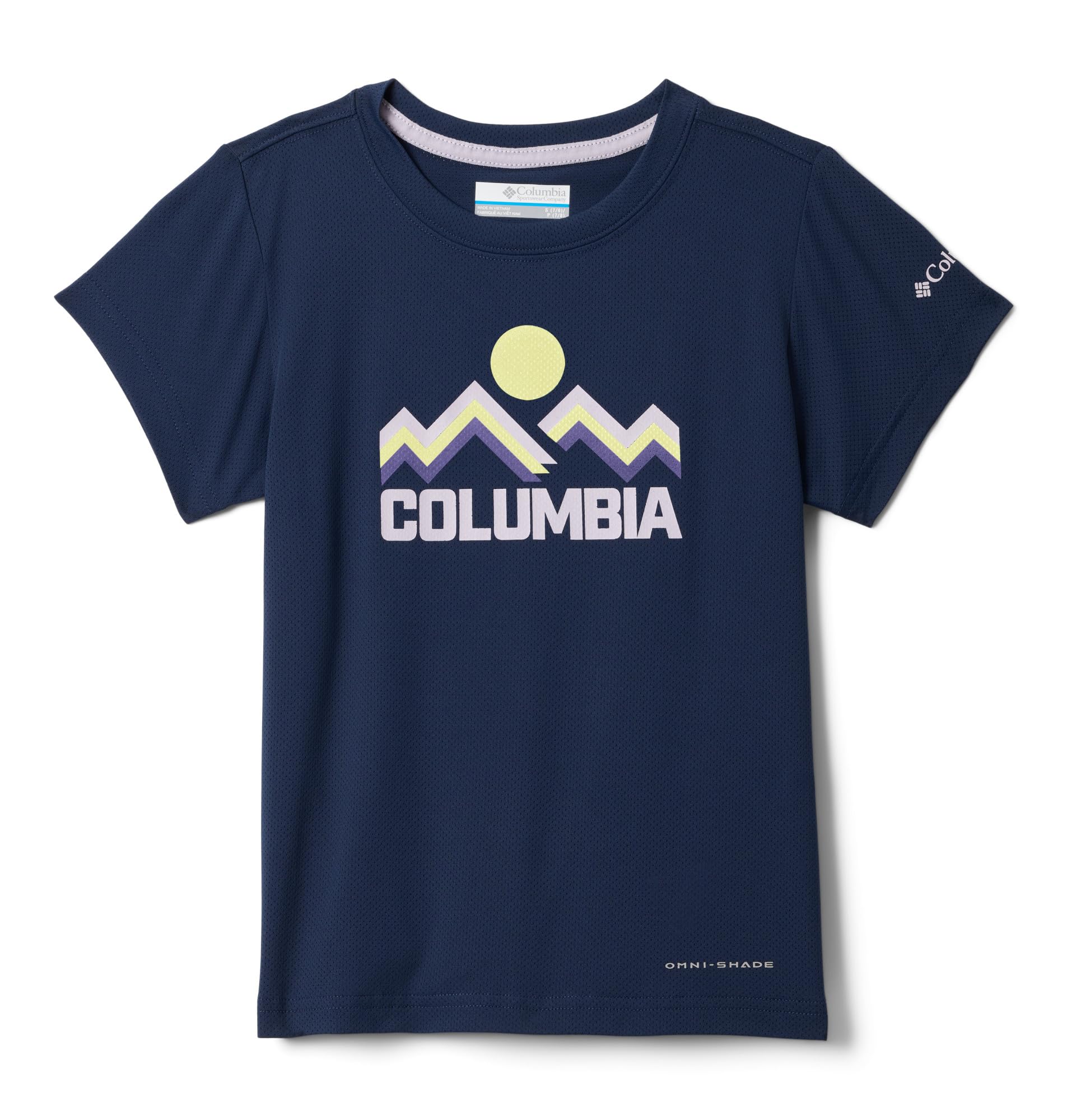 Columbia Youth Girls Tech Trail Utility Short Sleeve Graphic Crew, Technical Short Sleeve T-Shirt, Collegiate Navy/Rainbow Ridge, Medium