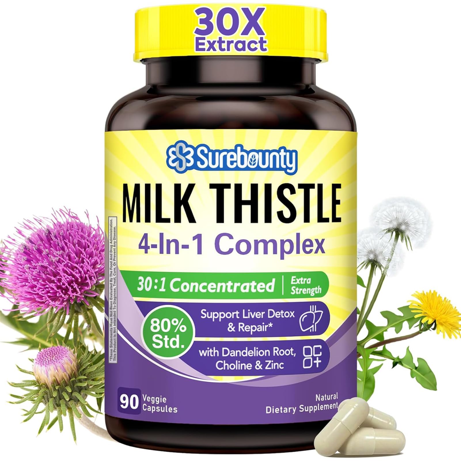 4-in-1 Milk Thistle Complex, 9000 mg Strength, 30X Concentrated Seed Extract, with Dandelion, Choline and Zinc, Non-GMO, 90 Veggie Caps, 3 Month Supply