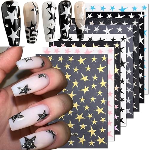8 hojas de calcomanías de arte de uñas de estrella, suministros de arte de uñas 3D, brillantina, pentagrama irregular, negro, blanco, rosa,