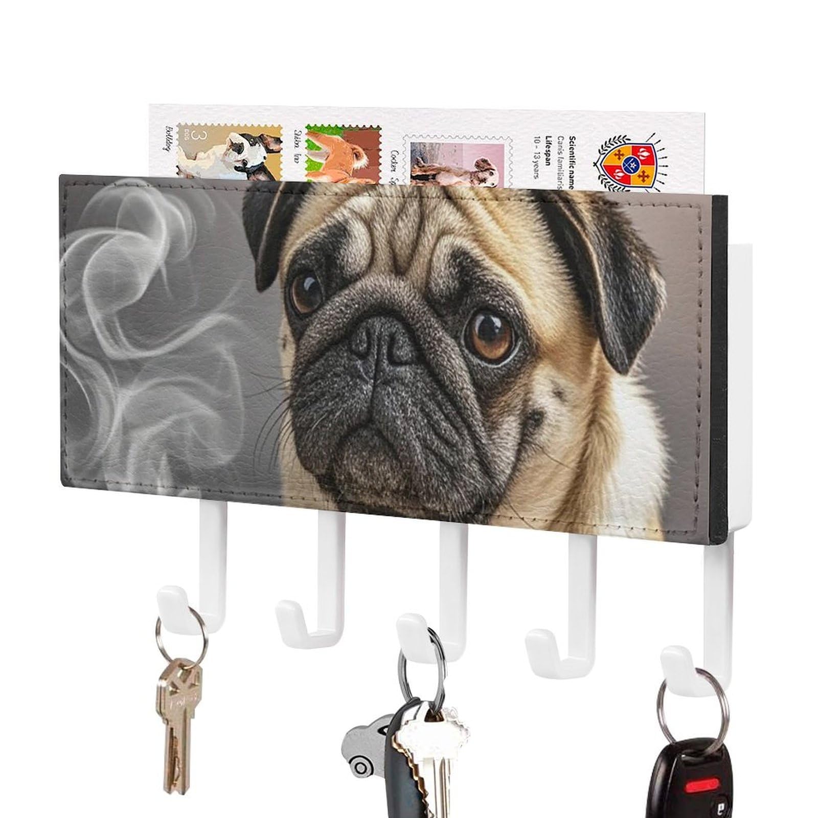 Fekiloot White-Style Pug Pizza Key Holder Wall Mount Key Hanger With 5 Hooks Decorative Key Rack Hanging Key Hooks With Mail Organizer Key Holder For Wall Living Room Kitchen Bathroom Hallway White
