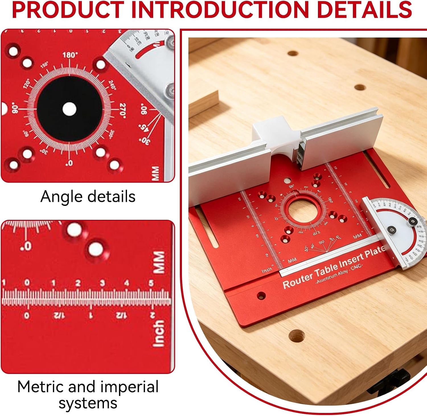 Router Table Insert Plate with Miter Guide, Woodworking Bench Flip Board MM Inch Scales & Angle Scale for Electric Routing Trimming Machine (Red)