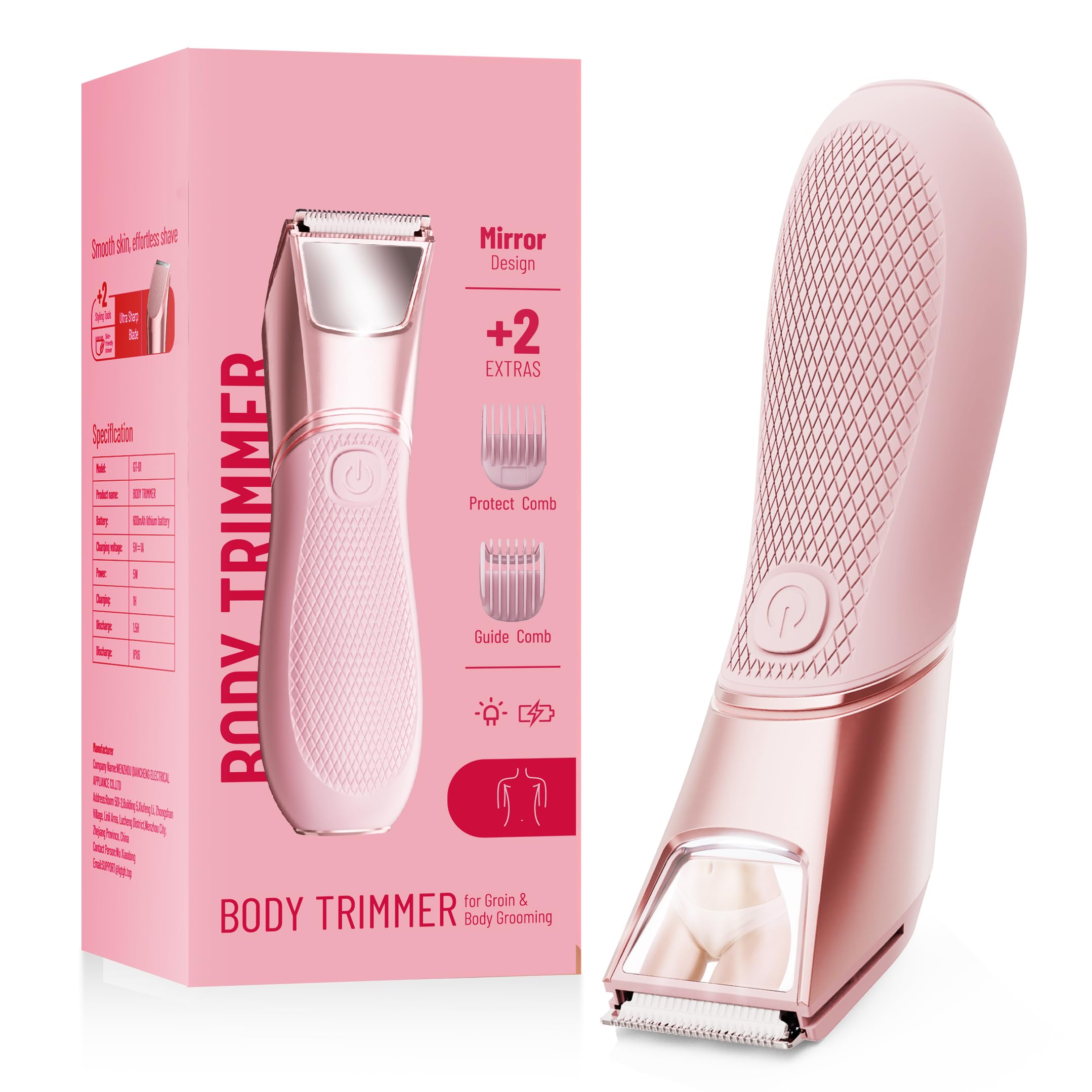 Rasoio per bikini ricaricabile da donna: body groomer con specchio e luce a LED per doccia da viaggio, rasoio per peli pubici impermeabile IPX7, lame in ceramica, rasoio elettrico - rosa chiaro
