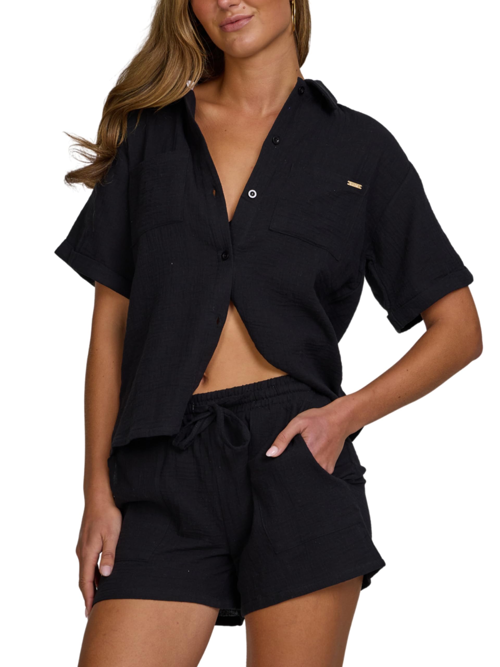 nicole miller beach cover ups for women - 2 piece bathing suit coverup top and shorts for vacation, beach, pool, cruise black