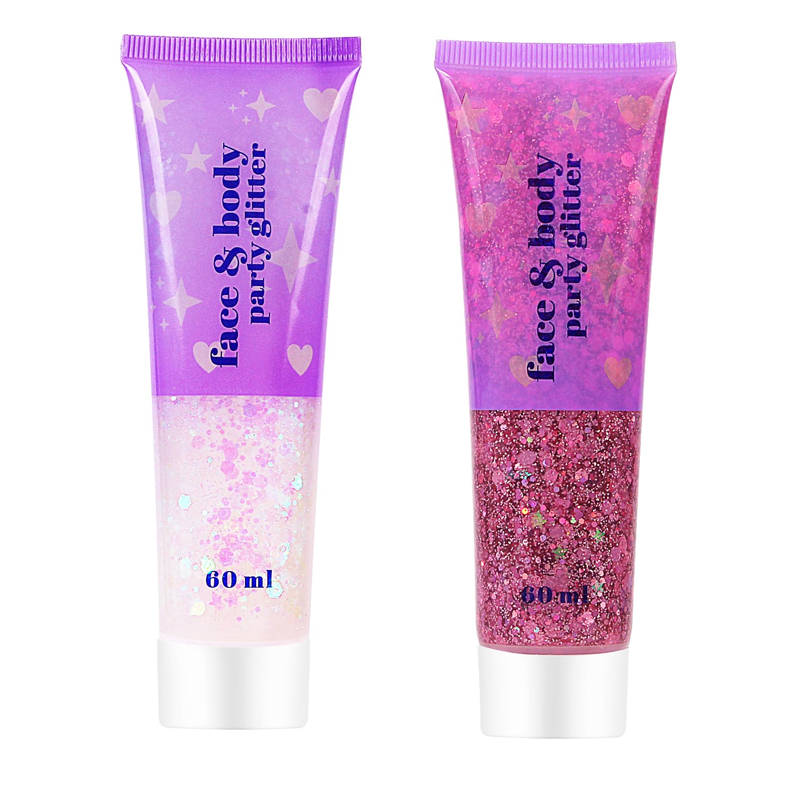 High Capacity 60+60ML Chunky and Fine Mixed Face Body Glitter with Gel for Singer Concerts Rave Party Makeup,Quick Dry and Long Lasting Holographic Iridescent Sequins Glitter Gel (white+pink)