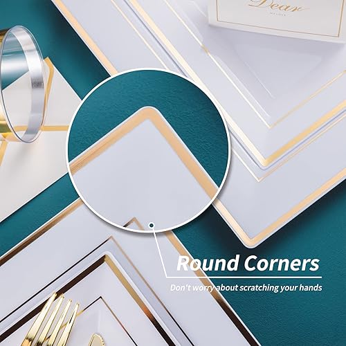 Miniatura 3 de N9R Juego de vajilla dorada para 50 invitados, 100 platos cuadrados de plástico blancos con borde dorado, 50 tenedores de plástico dorado, 50