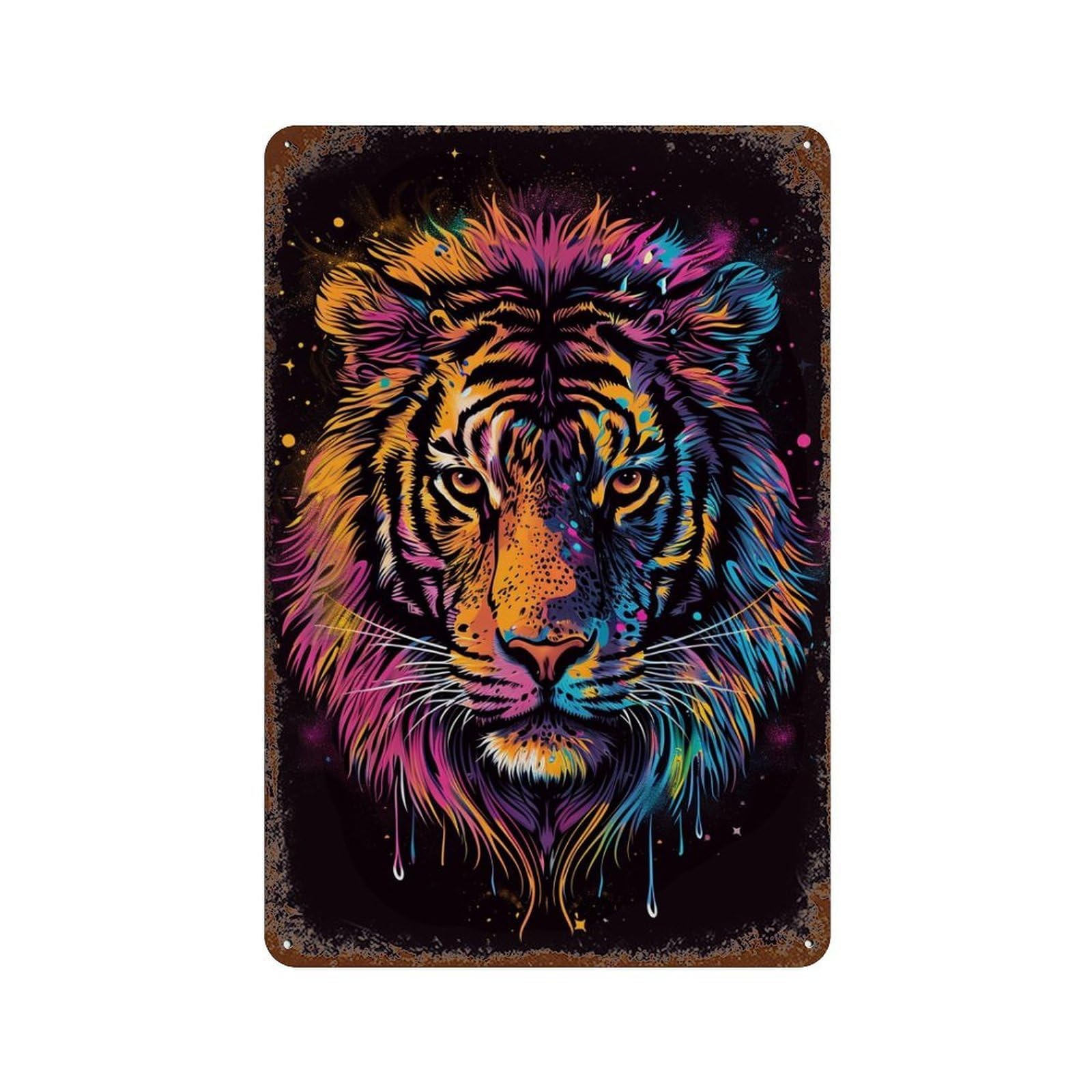Vintage Rust Metal Sign Colorful Tiger Portrait Art Print 11.8"x7.9", Vintage Wall Decor for Office, Studio And Wall Decor