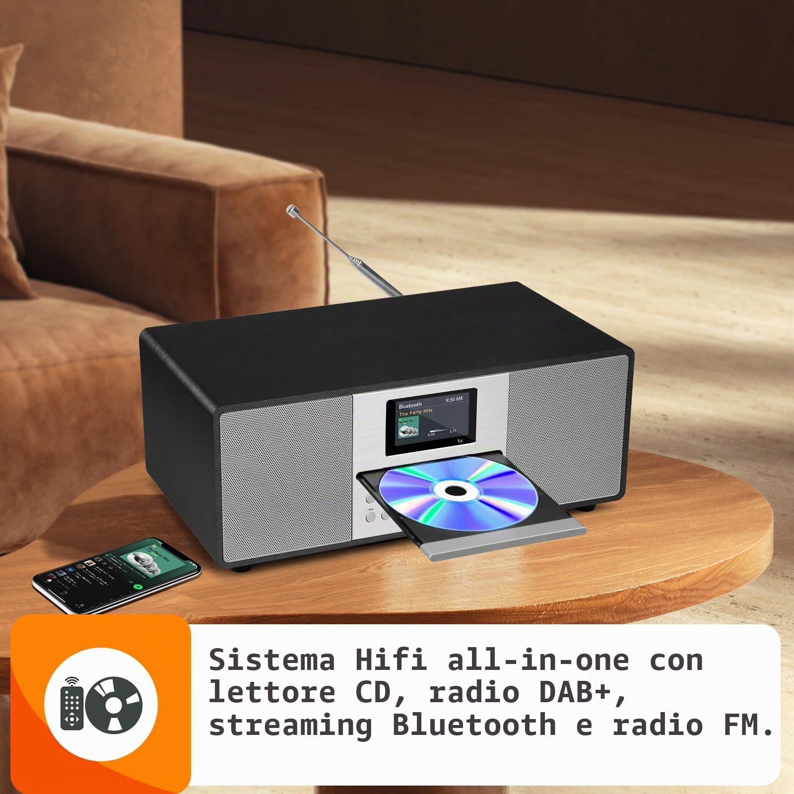 MS4 CD Player DAB Radio Hifi Sistema I Bluetooth I Potente Sistema Stereo I Digital Radio Dab+I Acustic Wood Mabiet I CD Player con 40 Preset, Jack per Cuffie,Metallico Nero