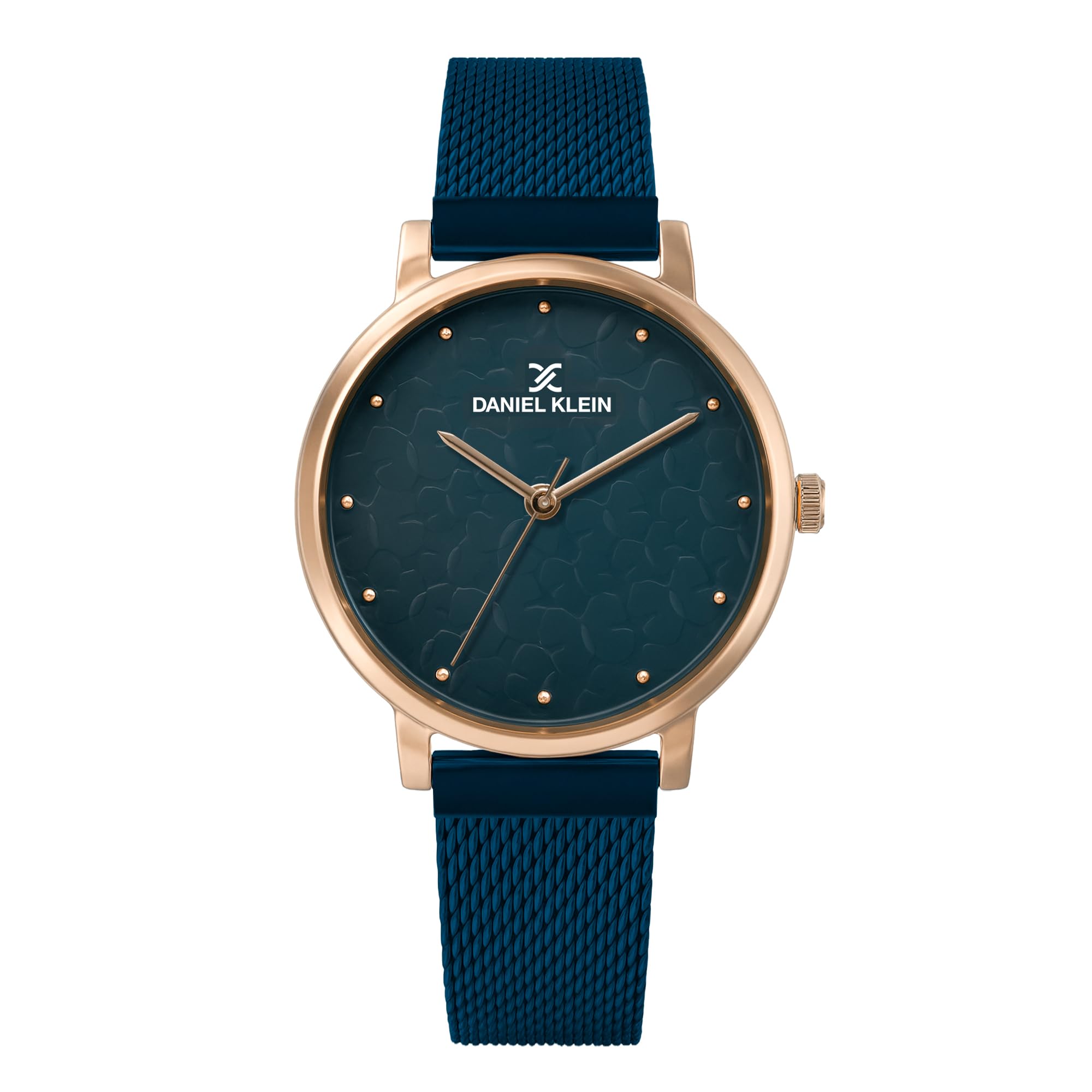 Daniel Klein Analog Blue Textured Round Dial Rose Gold Case Blue Mesh Strap Water-Resistant Wrist Watch for Women Girls,