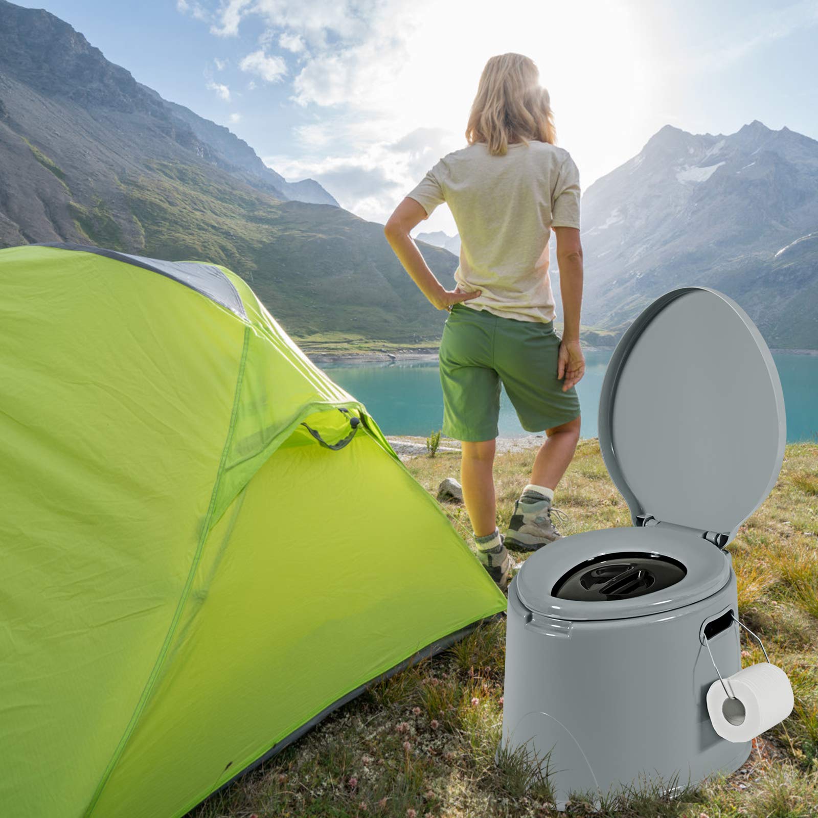 GOPLUS WC Portabile, 5 L, Portata 200 kg, Toilette Portatile con Secchio Contenitore, Toilette da Campeggio e Viaggio, per Anziani, per Donne in Gravidanza, con portarotolo, 49 x 41 x 35 cm